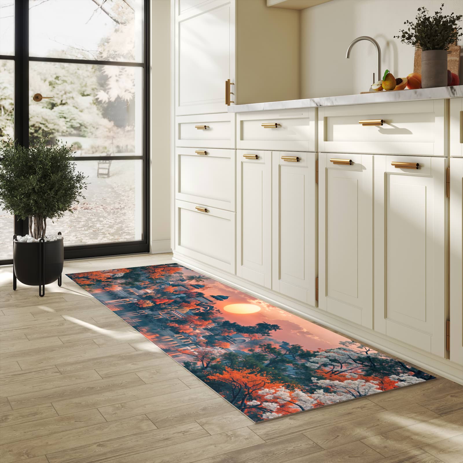 Komfortabler Küchenläufer nach Maß mit Motiv Sonnenuntergangspalast in heller Küche