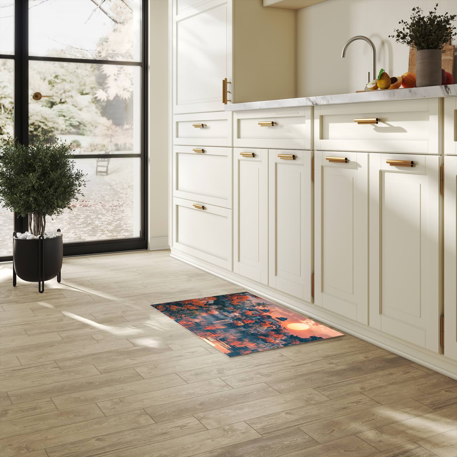 Flacher rutschfester Küchenläufer mit Motiv Sonnenuntergangspalast in heller Küche