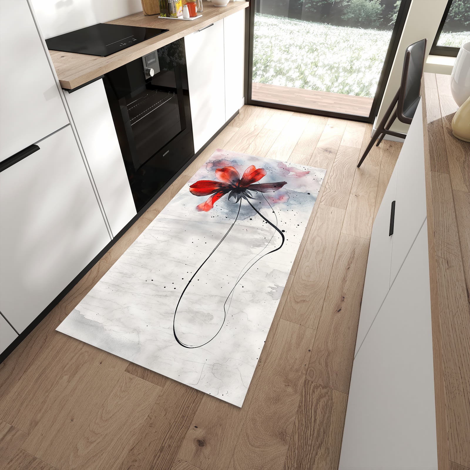 Formstabiler rutschfester Küchenläufer mit Motiv Abstrakte Blüte in moderner Küche
