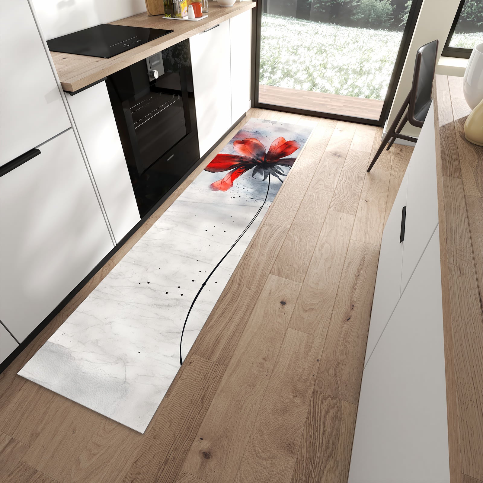 Langlebiger rutschfester Küchenteppich mit Motiv Abstrakte Blüte in moderner Küche