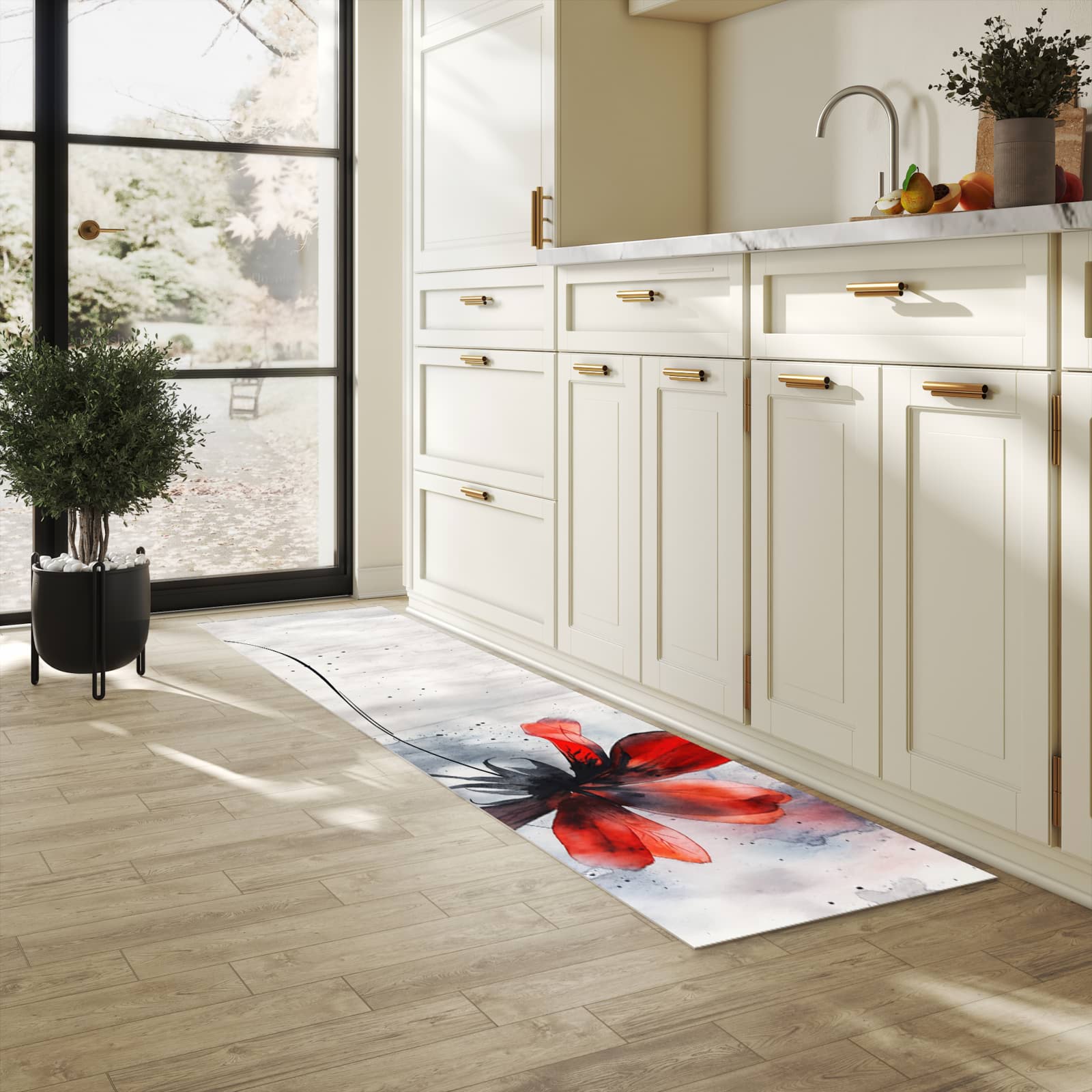 Küchenteppich mit Motiv Abstrakte Blüte für Ordnung & Übersicht in heller Küche