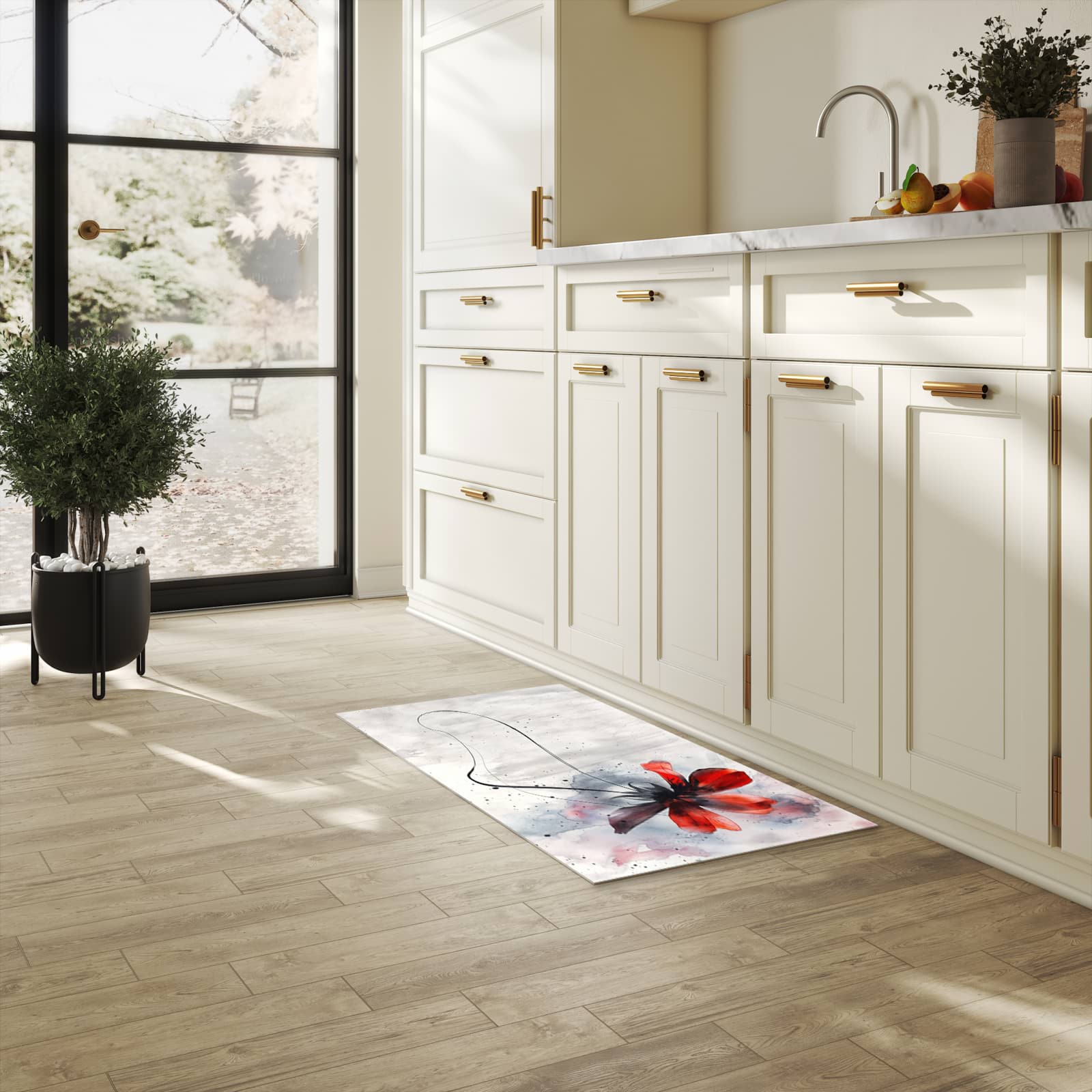 Langlebiger Bodenläufer mit Motiv Abstrakte Blüte in heller Küche