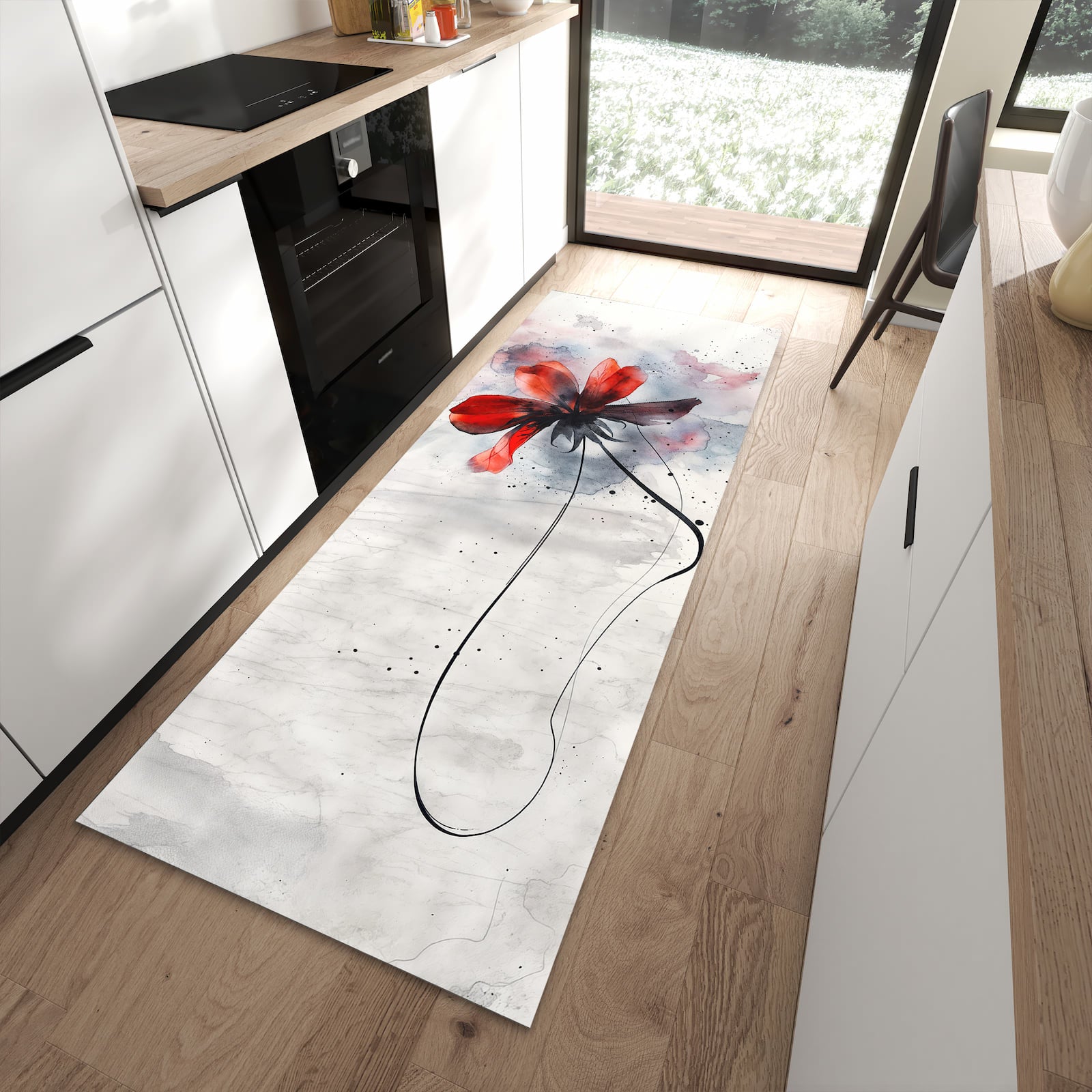 Waschbarer Küchenläufer mit Motiv Abstrakte Blüte in moderner Küche für sicheres Aufbewahren