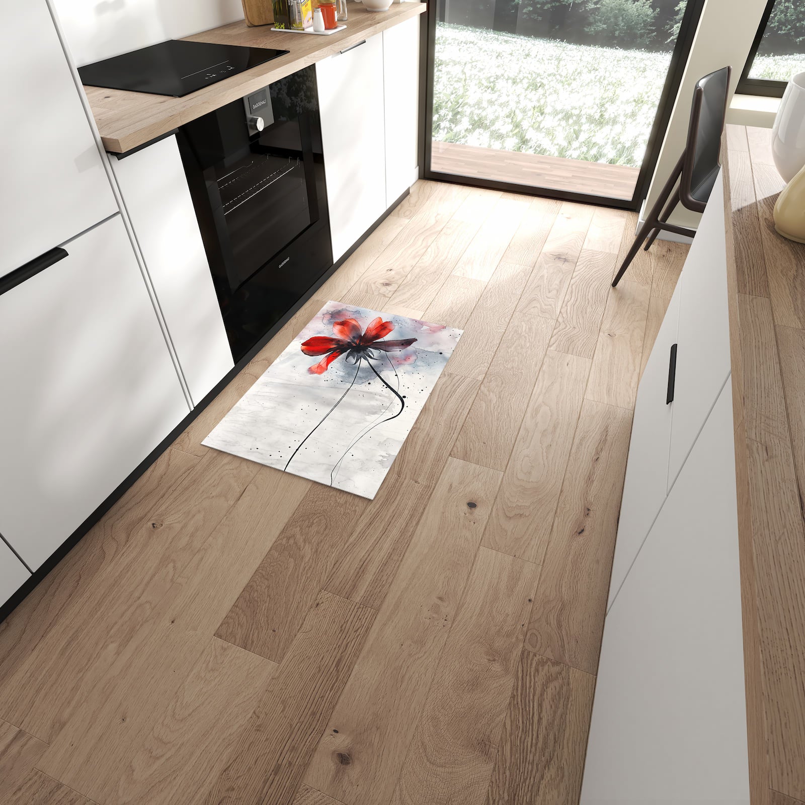 Feuchtigkeitsresistenter Küchenläufer mit Motiv Abstrakte Blüte in moderner Küche