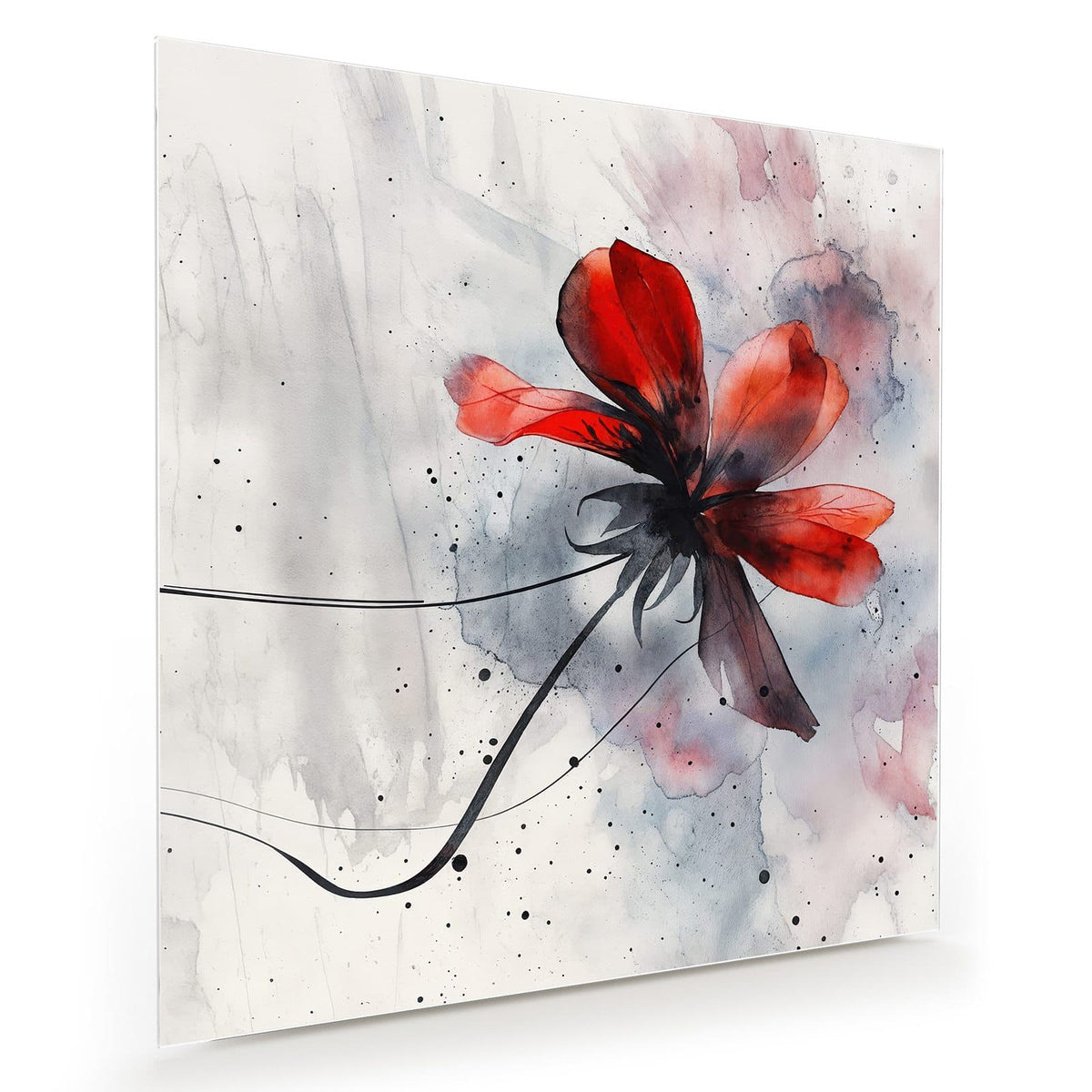 Rote Aquarellblüte mit schwarzen Tuschelinien auf hellem Grund