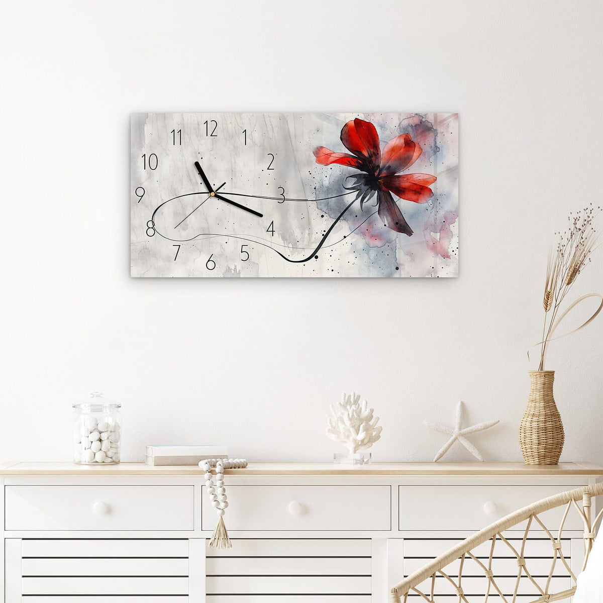Wanduhr Abstrakte Blüte aus Glas – Querformat 60 × 30 cm – Rote Aquarellblume mit Stiel