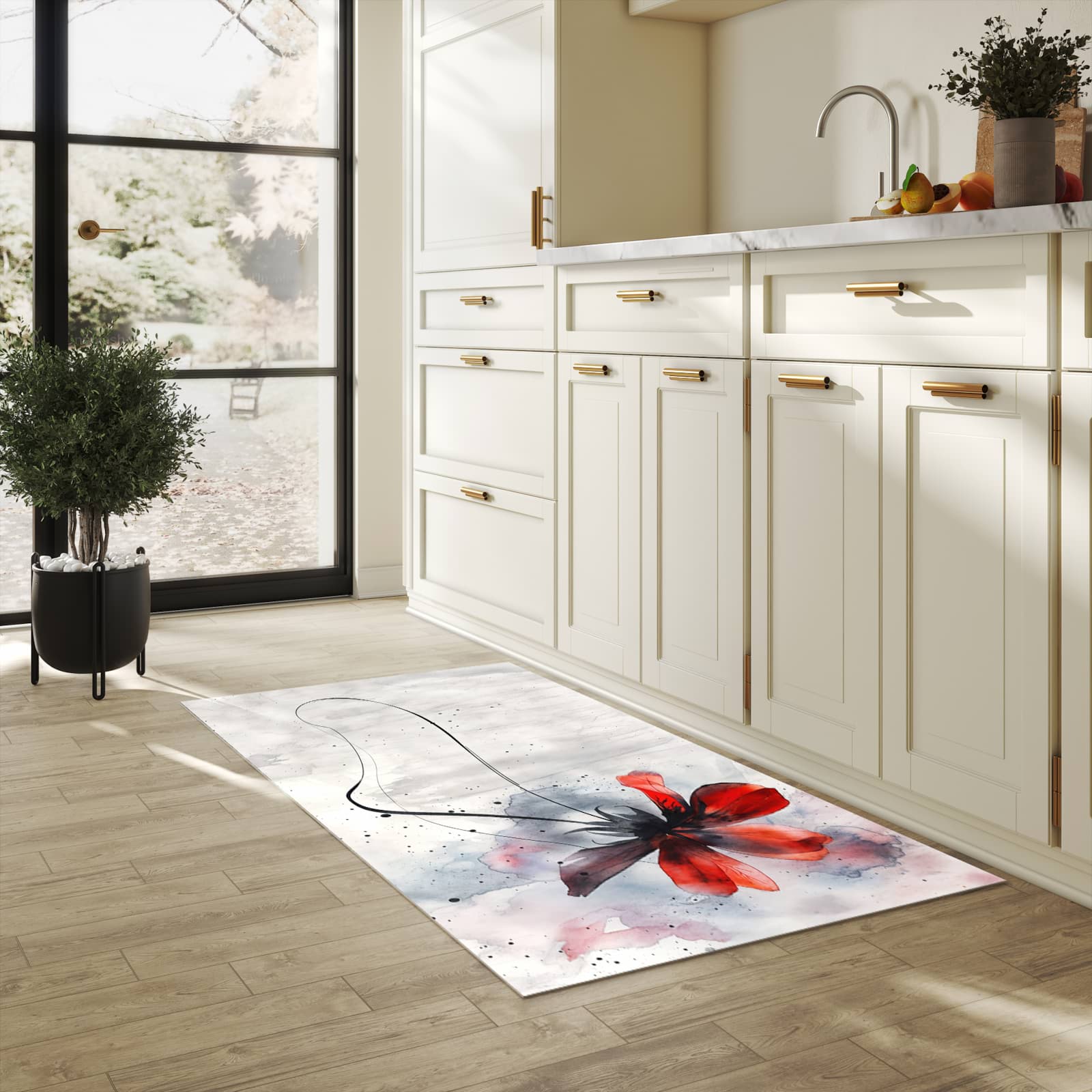 Abriebfester Küchenteppich mit Motiv Abstrakte Blüte in heller Küche