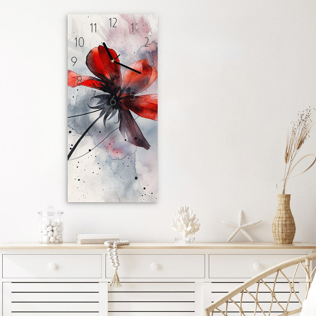 Wanduhr Abstrakte Blüte aus Glas – Rote Aquarellblume mit Stiel