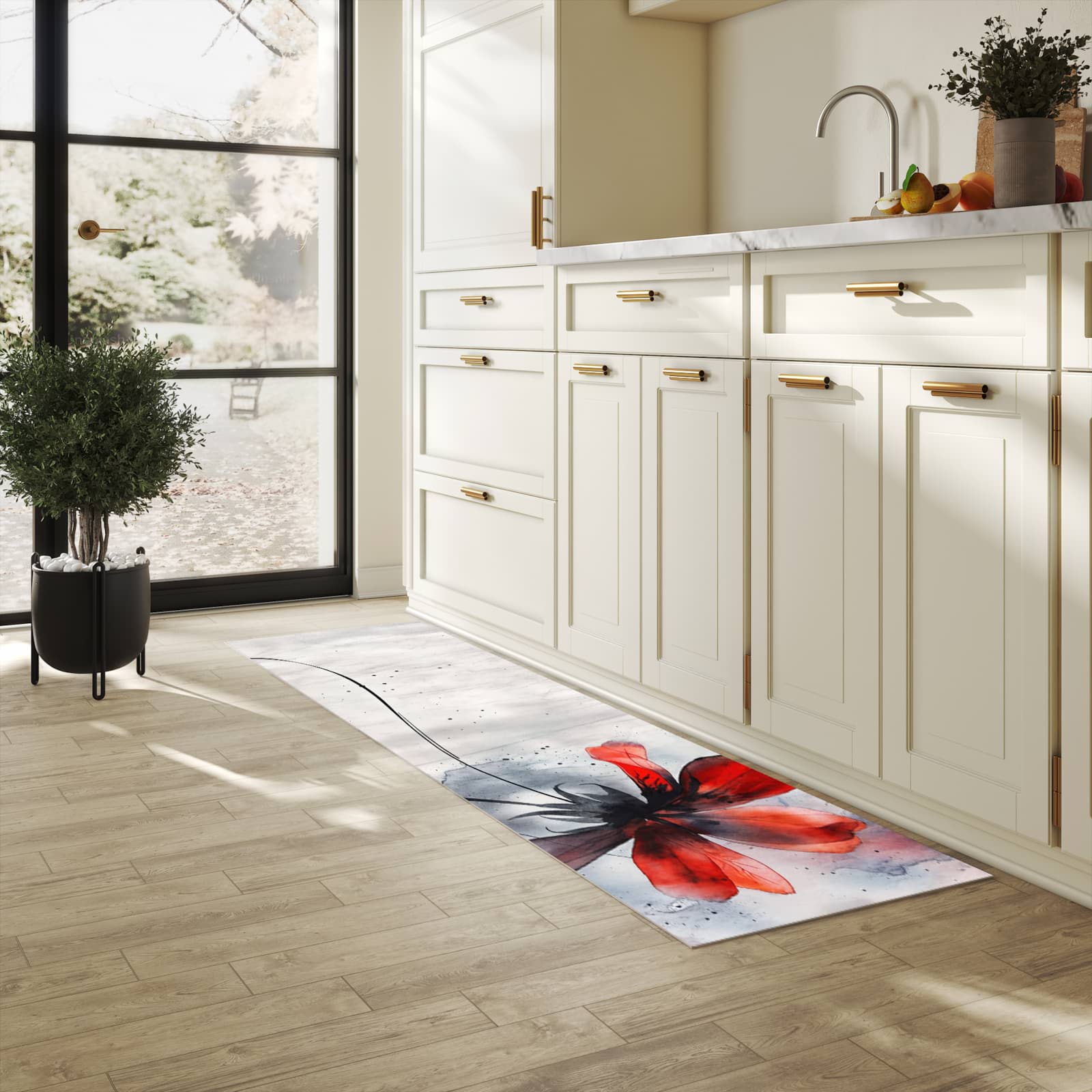 Bodenschonender Küchenteppich mit Motiv Abstrakte Blüte in heller Küche