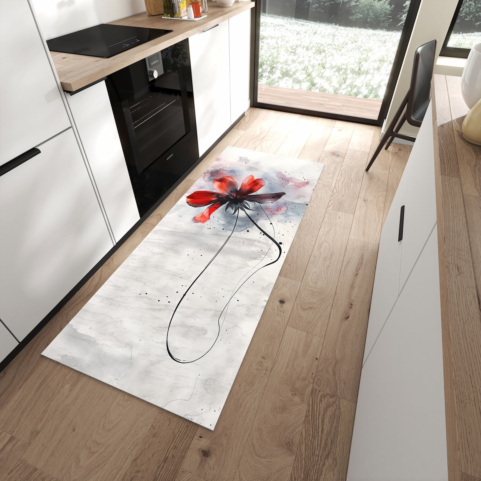 Bodenschonender Küchenläufer mit Motiv Abstrakte Blüte in moderner Küche