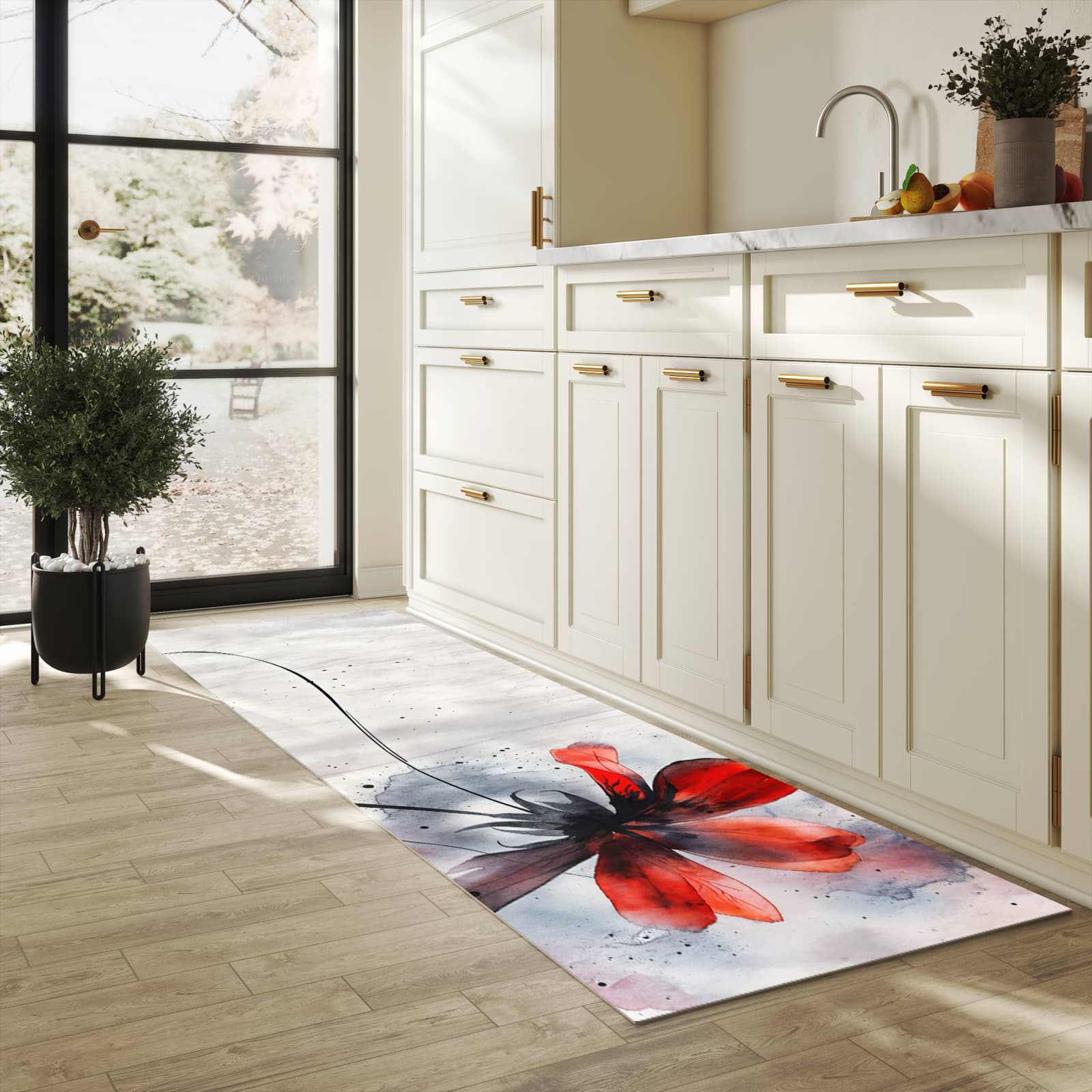 Zeitsparender großer Küchenteppich mit Motiv Abstrakte Blüte in heller Küche