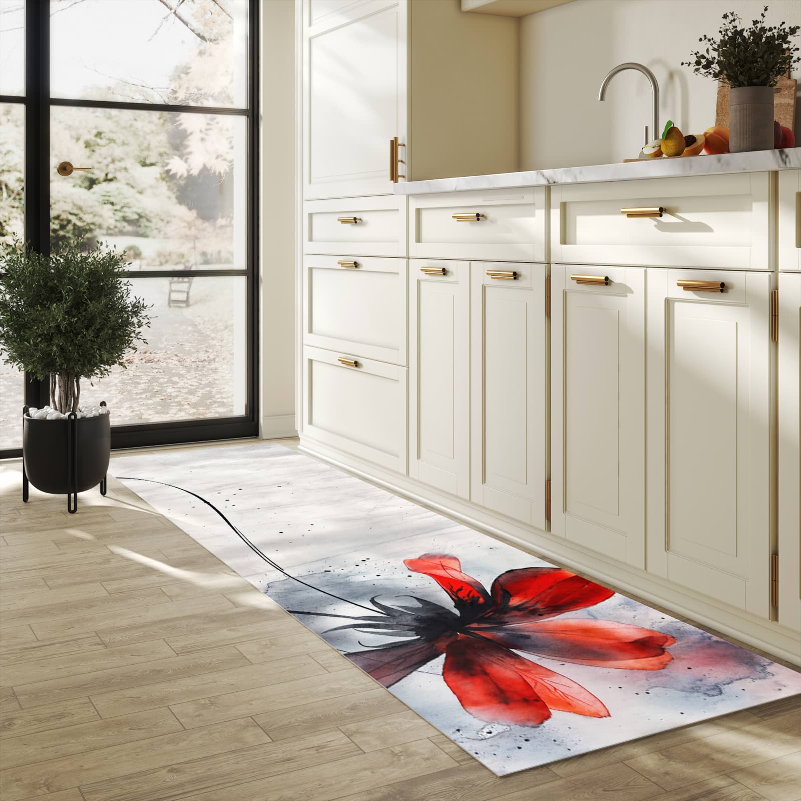 Geräuschdämpfender rutschfester Küchenteppich mit Motiv Abstrakte Blüte in heller Küche