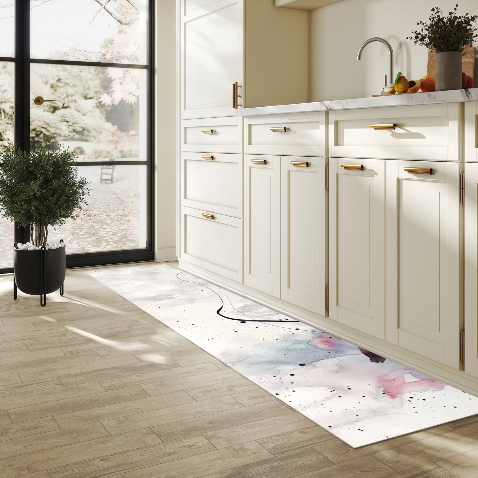 Bodenschonender rutschfester Küchenteppich mit Motiv Abstrakte Blüte in heller Küche
