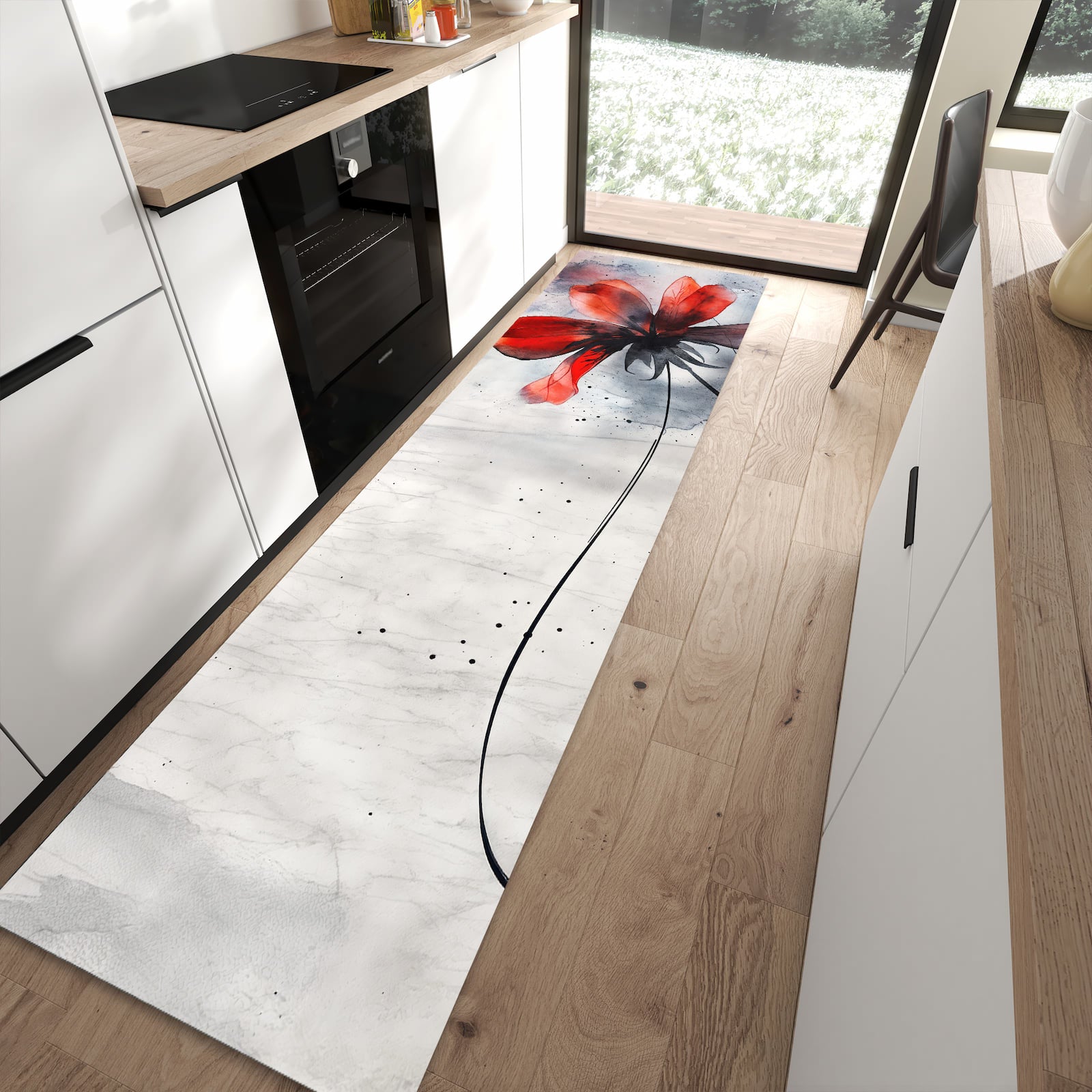 Farbbeständiger rutschfester Küchenläufer mit Motiv Abstrakte Blüte in moderner Küche