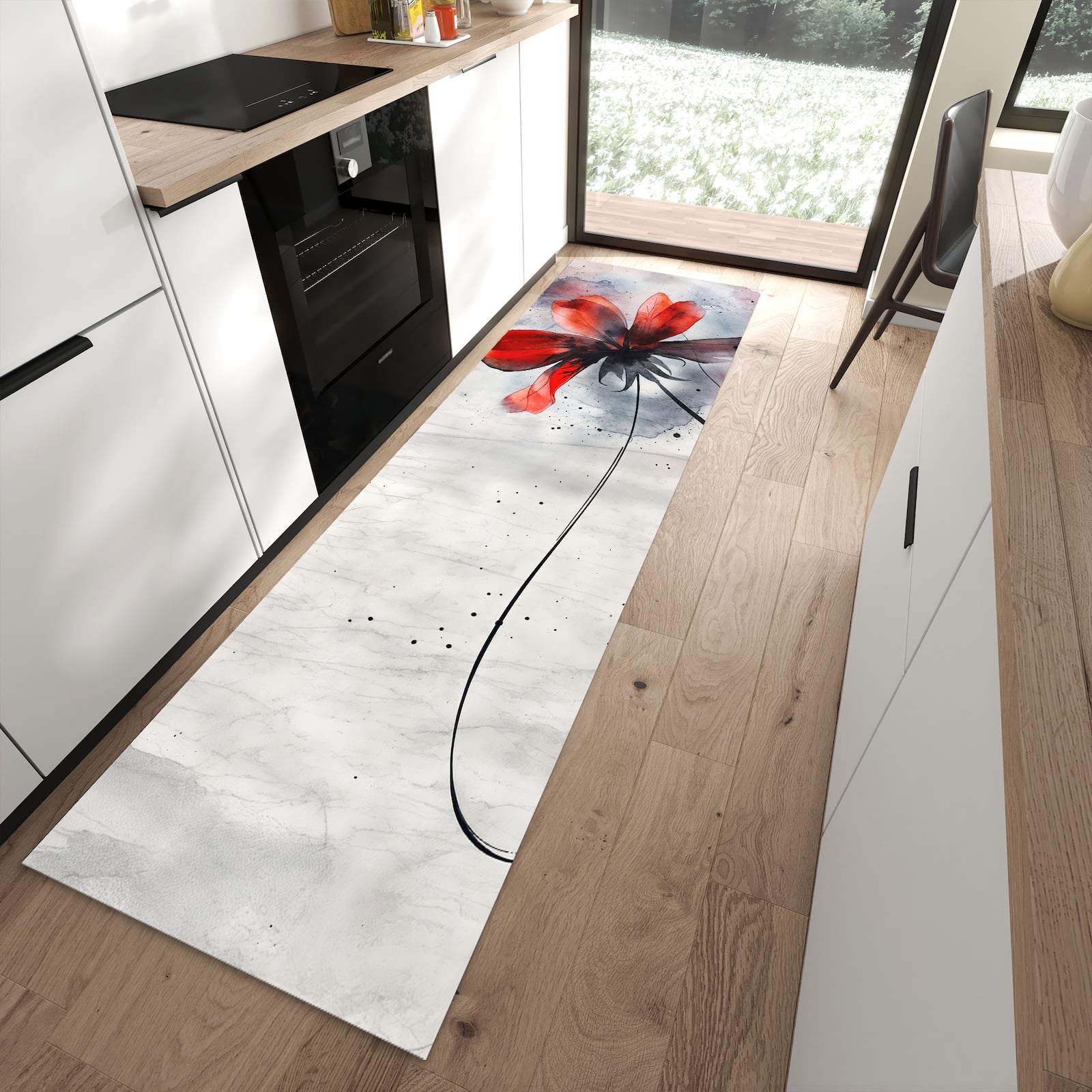 Bodenschonender Küchenläufer mit Motiv Abstrakte Blüte in moderner Küche