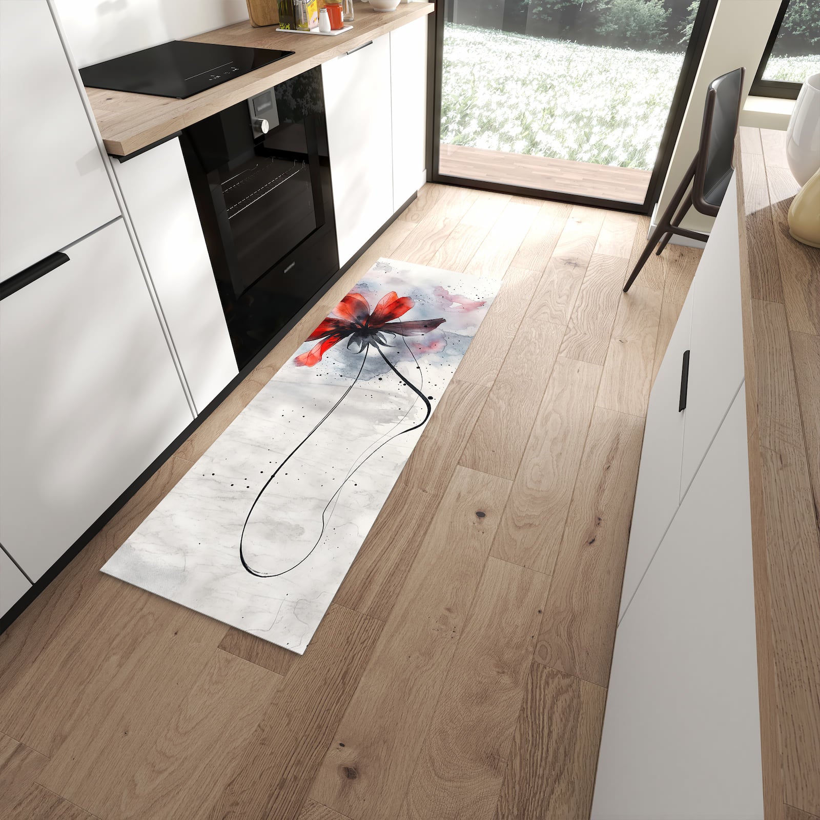 Strapazierfähiger waschbarer Küchenteppich mit Motiv Abstrakte Blüte in moderner Küche