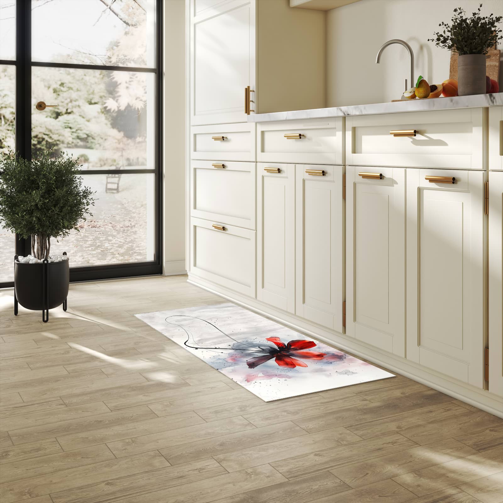 Rutschfester Bodenläufer-Teppich mit Motiv Abstrakte Blüte in heller Küche
