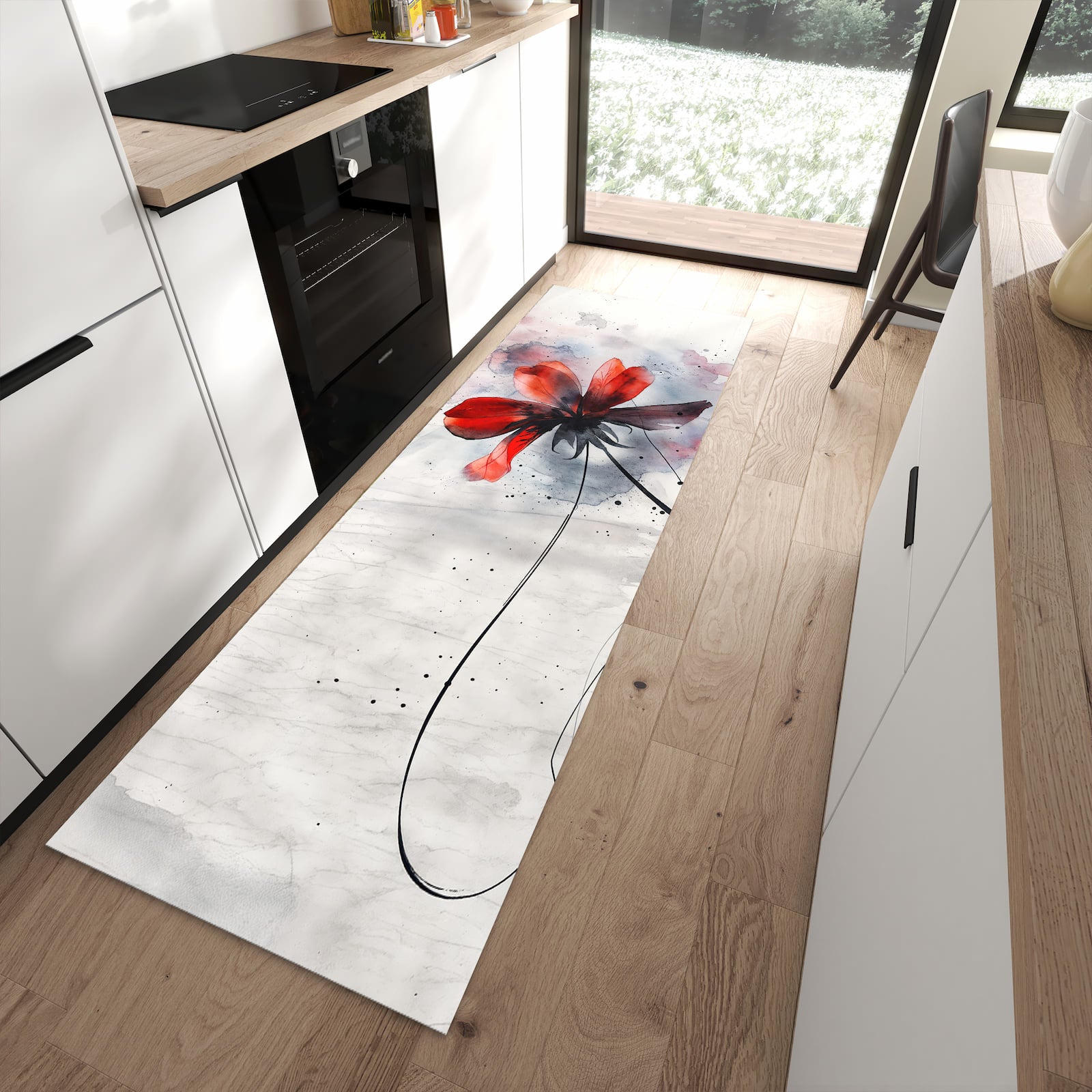 Waschbarer Küchenläufer mit Motiv Abstrakte Blüte für Ordnung in moderner Küche