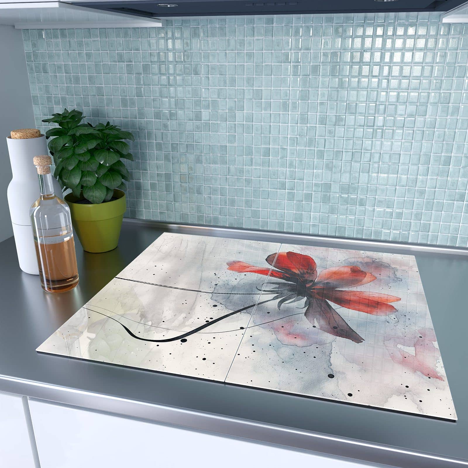 2-teilige Herdabdeckplatte mit Abstrakte Blüte-Motiv auf dem Ceranfeld