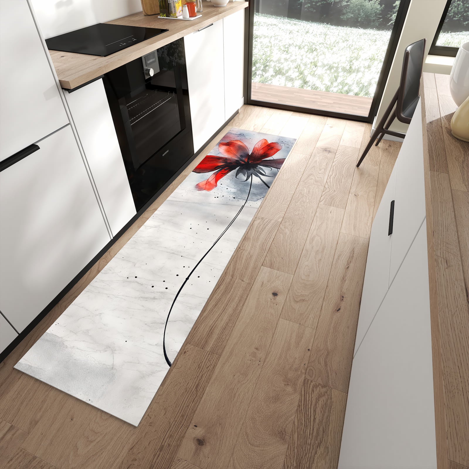 Waschbarer großer Küchenteppich mit Motiv Abstrakte Blüte in moderner Küche
