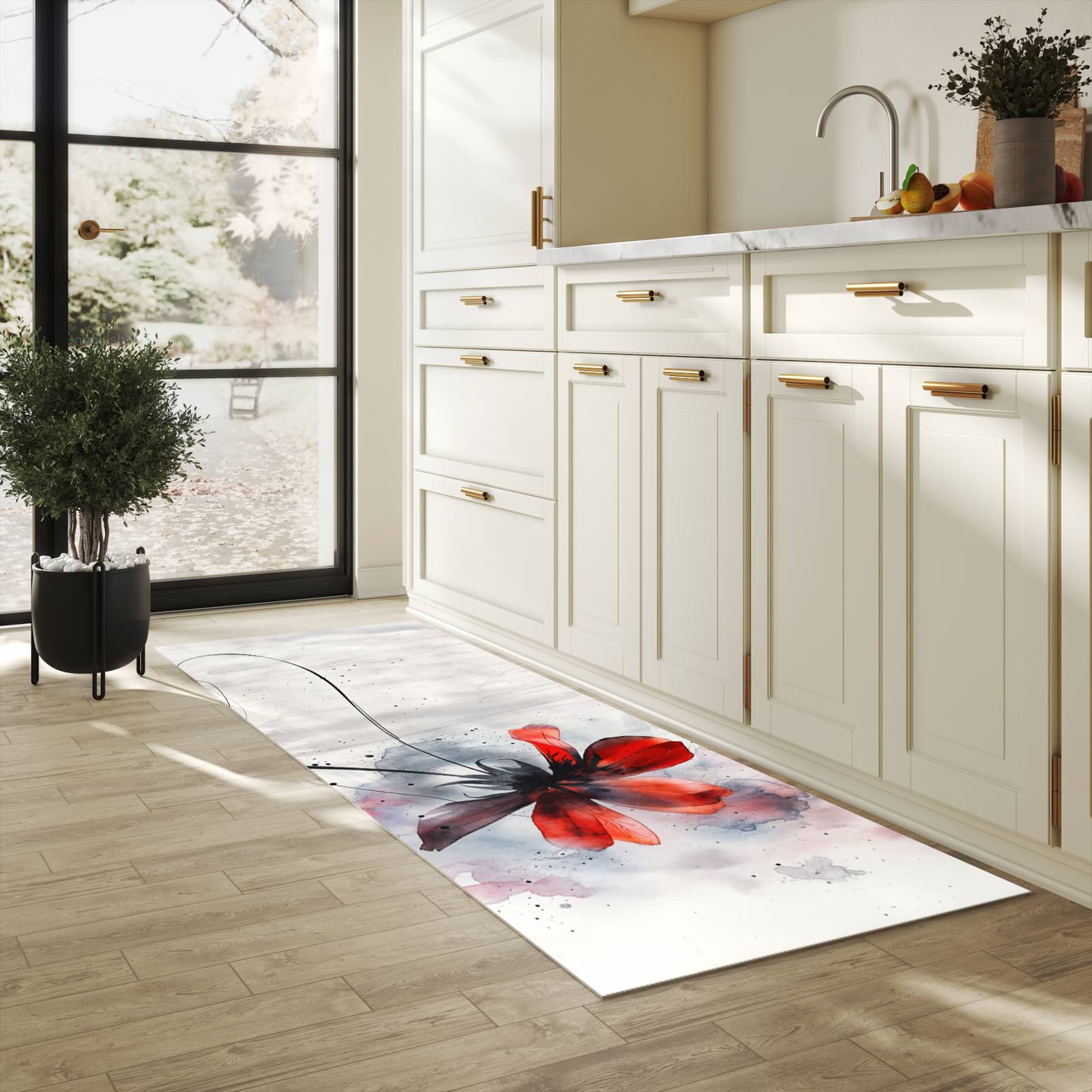 Waschbarer Küchenteppich mit Motiv Abstrakte Blüte in heller Küche für sichere Aufbewahrung