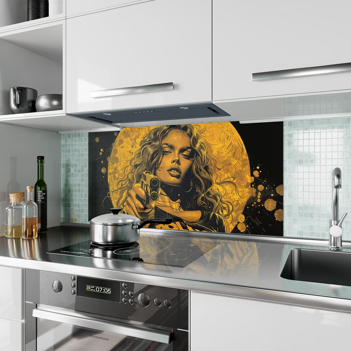 Küchenrückwand aus Glas Pop Art Frau in Gelb im Hochformat als Spritzschutz hinter dem Kochfeld, über dem Fliesenspiegel montiert
