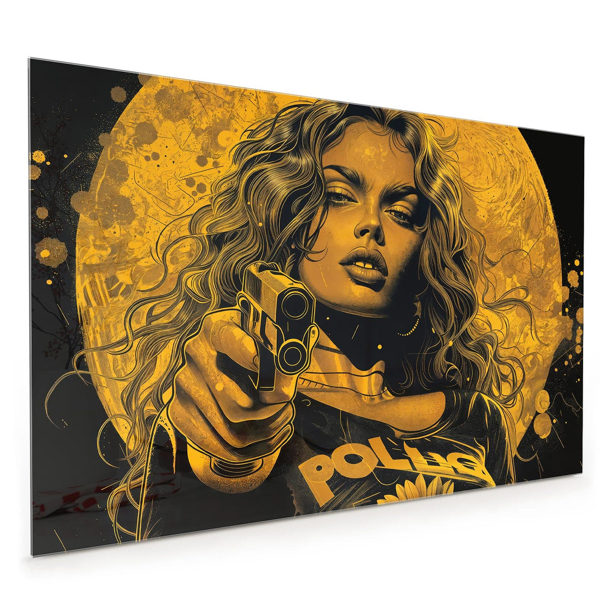 Küchenrückwand aus Glas im Hochformat: Pop-Art-Illustration in Gold und Schwarz: Frau mit Locken, Pistole in der Hand, Schriftzug POLICE auf der Jacke