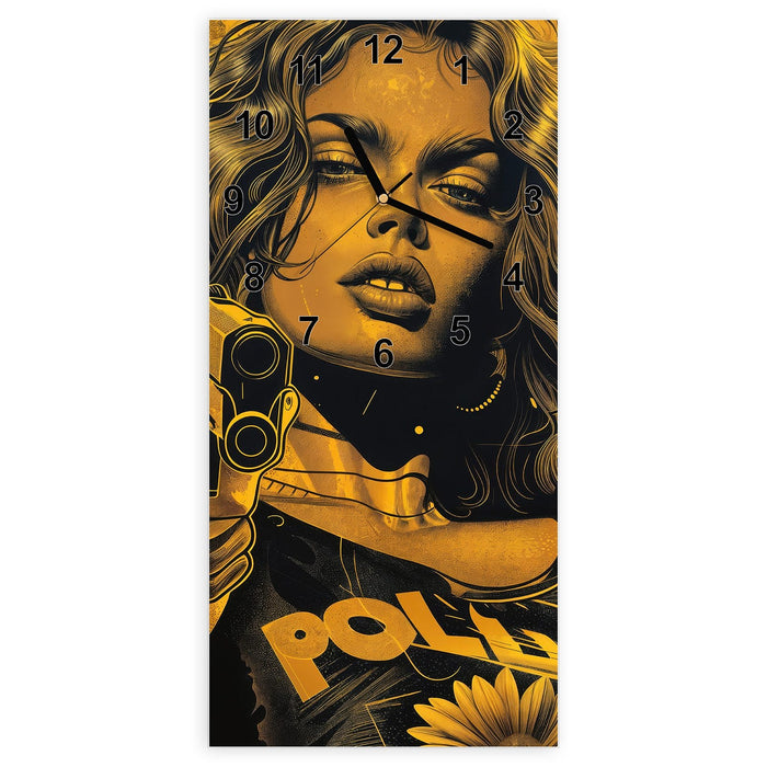 Wanduhr Frau Mit Pistole Kunst aus Glas – Hochformat 30 × 60 cm mit Ziffernblatt Modern