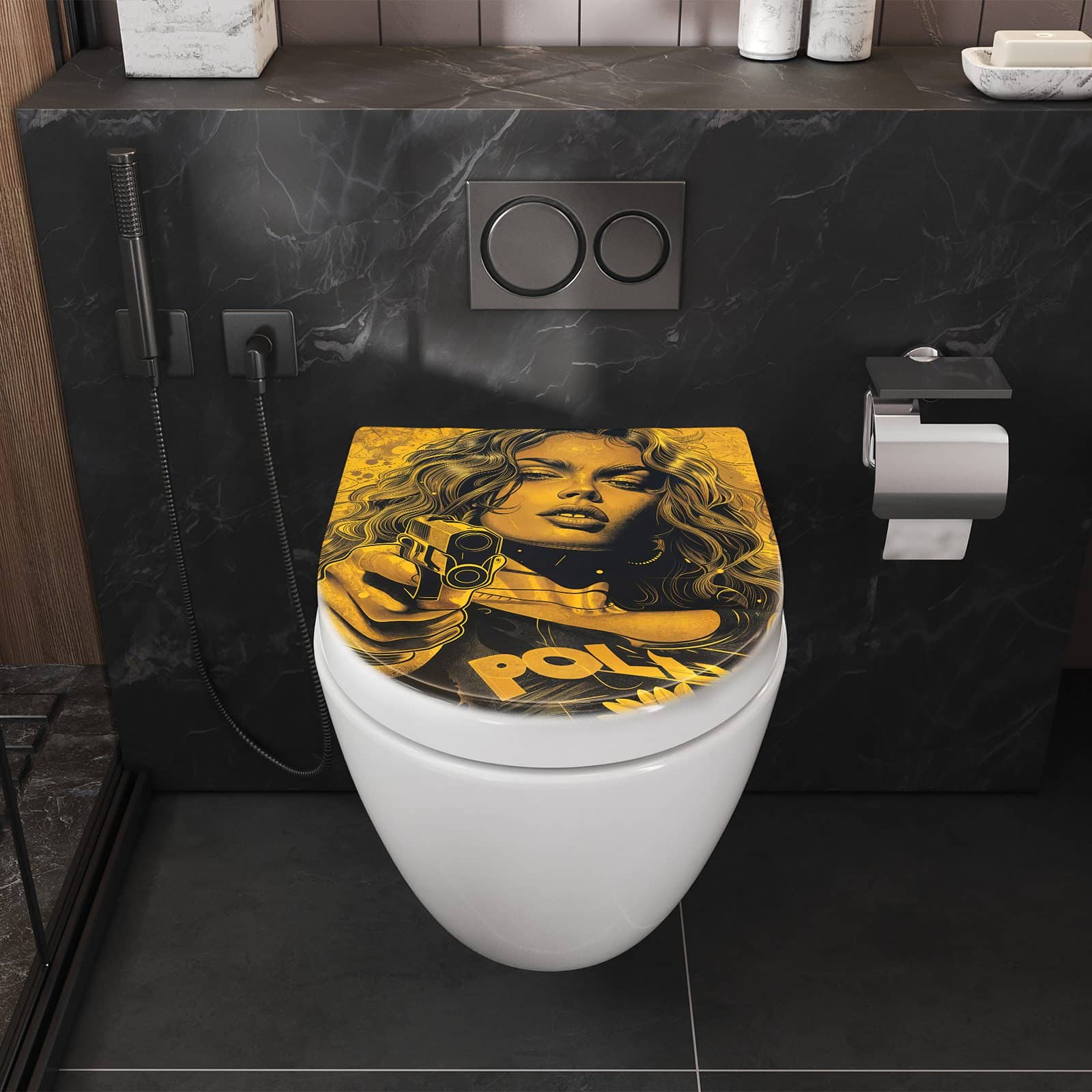 WC-Sitz mit Absenkautomatik Frau Mit Pistole Kunst