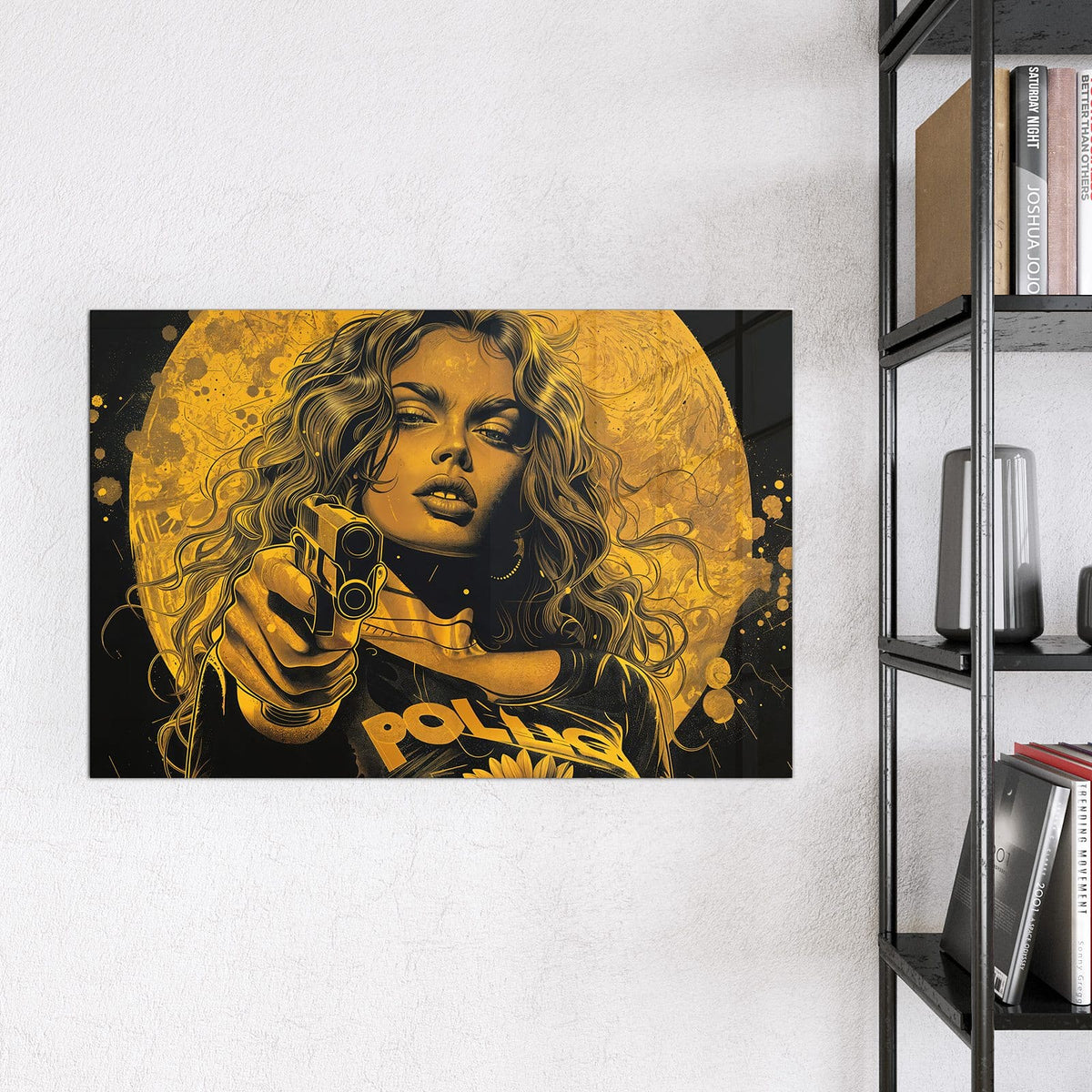 Magnettafel - Pop Art Frau in Gelb – Pop-Art-Frau mit Pistole