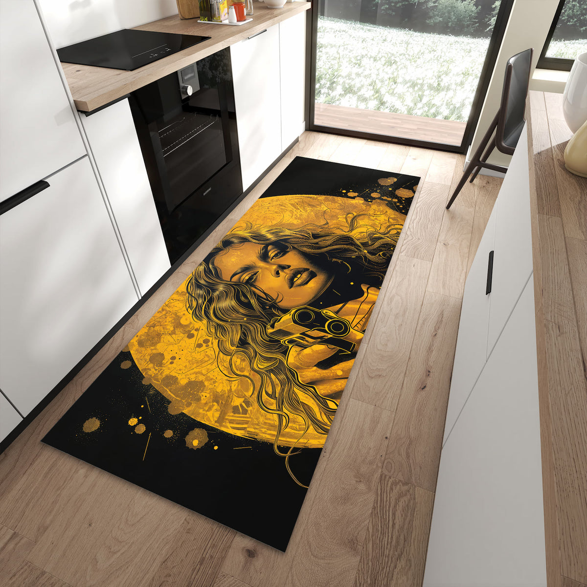 Rutschfester Küchenteppich mit Motiv Frau Mit Pistole Kunst in moderner Küche - leicht zu reinigen