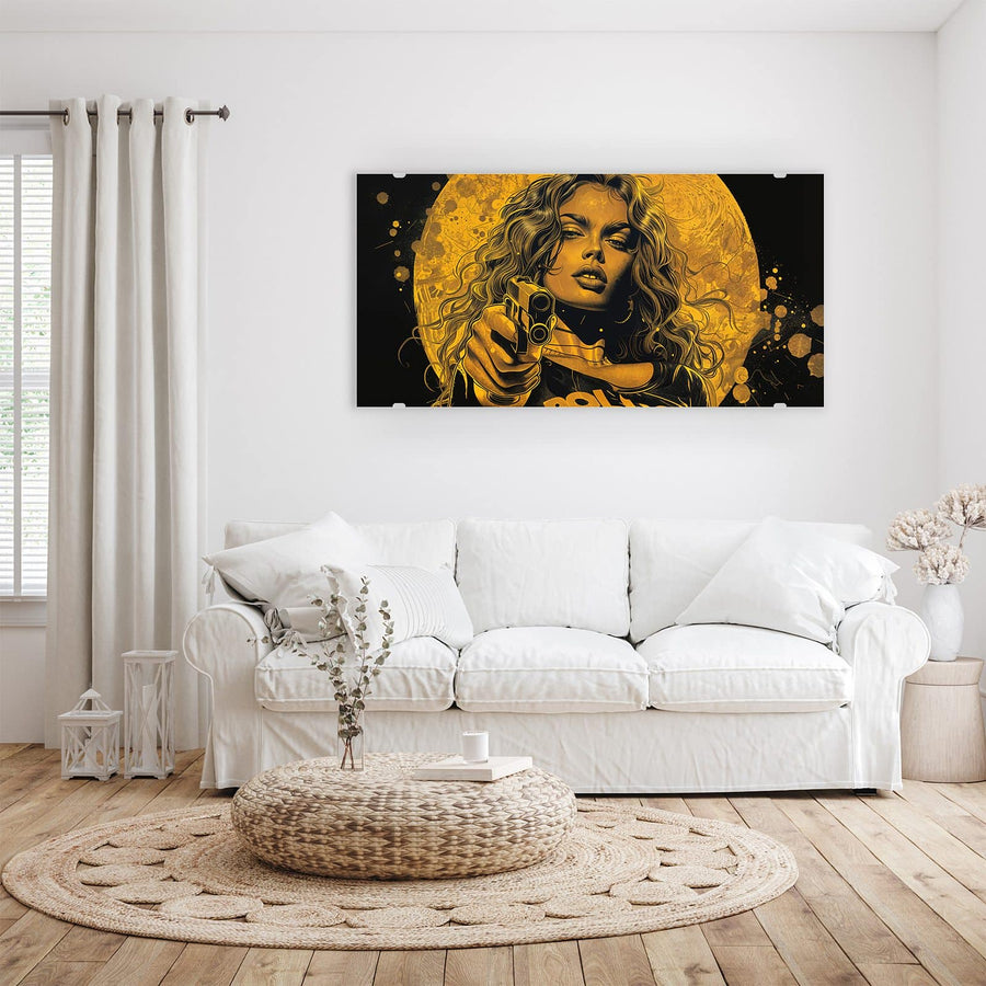 Maße Wandbild - Pop Art Frau in Gelb - Querformat