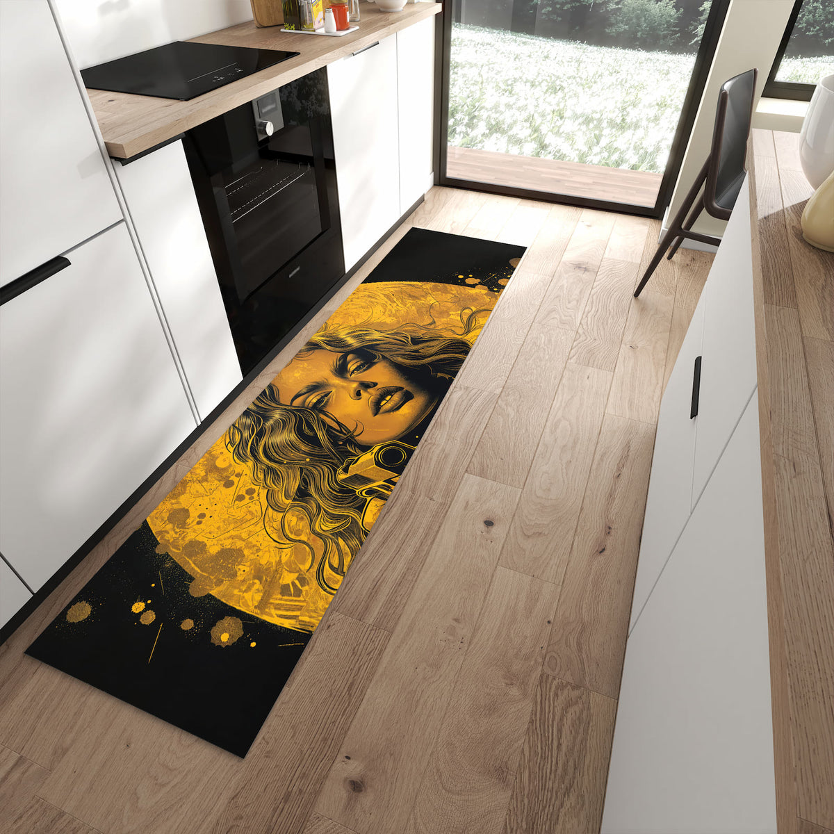 Waschbarer dünner Küchenteppich mit Motiv Frau Mit Pistole Kunst in moderner Küche