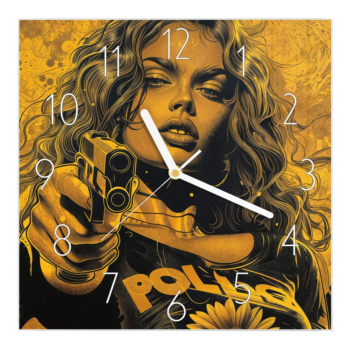 Wanduhr aus Glas, Ziffernblatt Elegant: Pop-Art-Illustration in Gold und Schwarz: Frau mit Locken, Pistole in der Hand, Schriftzug POLICE auf der Jacke #ziffernblatt_Elegant