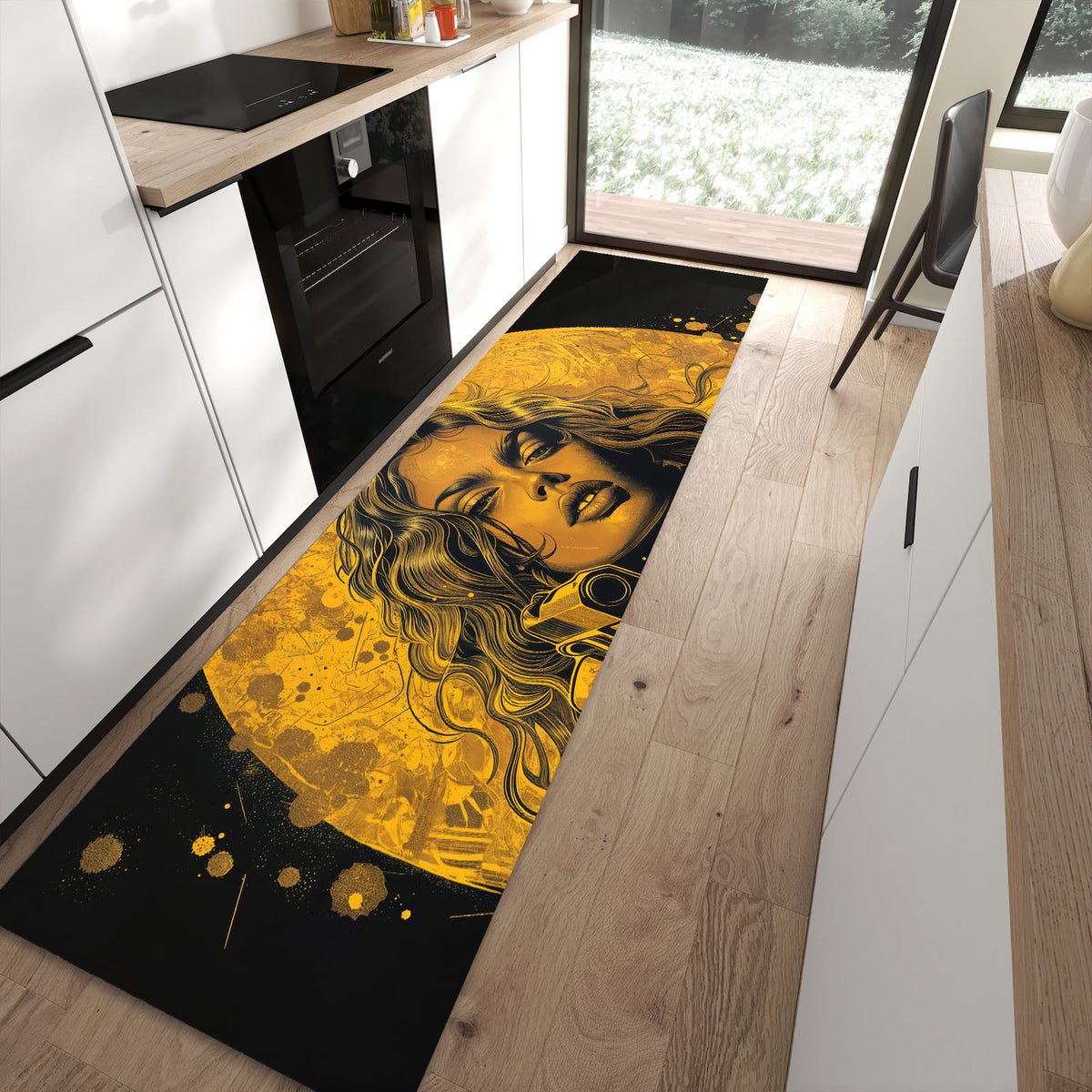 Komfortabler waschbarer Küchenteppich mit Motiv Frau Mit Pistole Kunst in moderner Küche