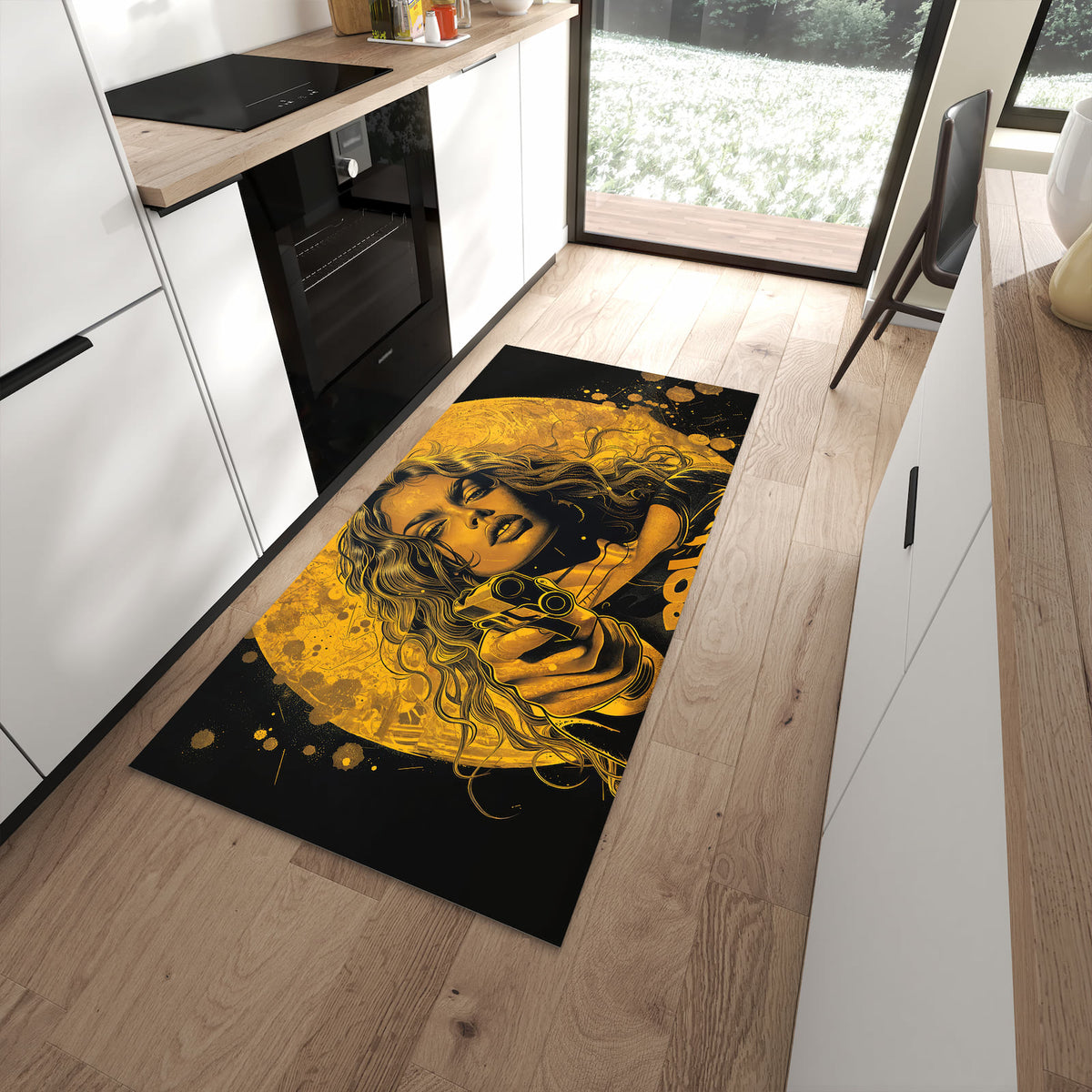 Rutschfester Küchenläufer mit Motiv Frau Mit Pistole Kunst in moderner Küche