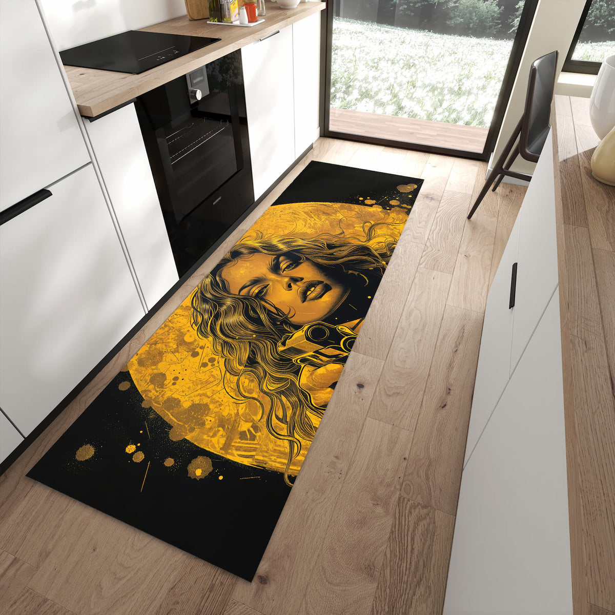 Flacher Bodenläufer mit Motiv Frau Mit Pistole Kunst in moderner Küche