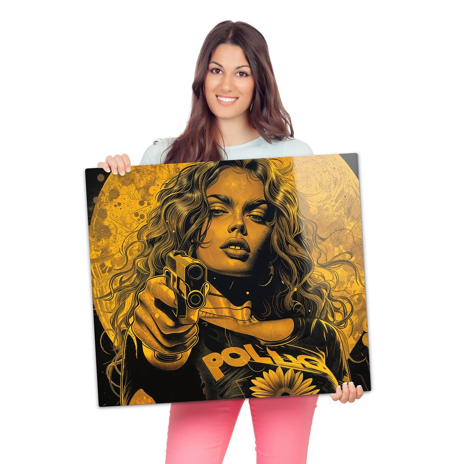 Herdabdeckplatte für Ceranfeld mit Frau Mit Pistole Kunst-Motiv wird zur Größendarstellung gehalten