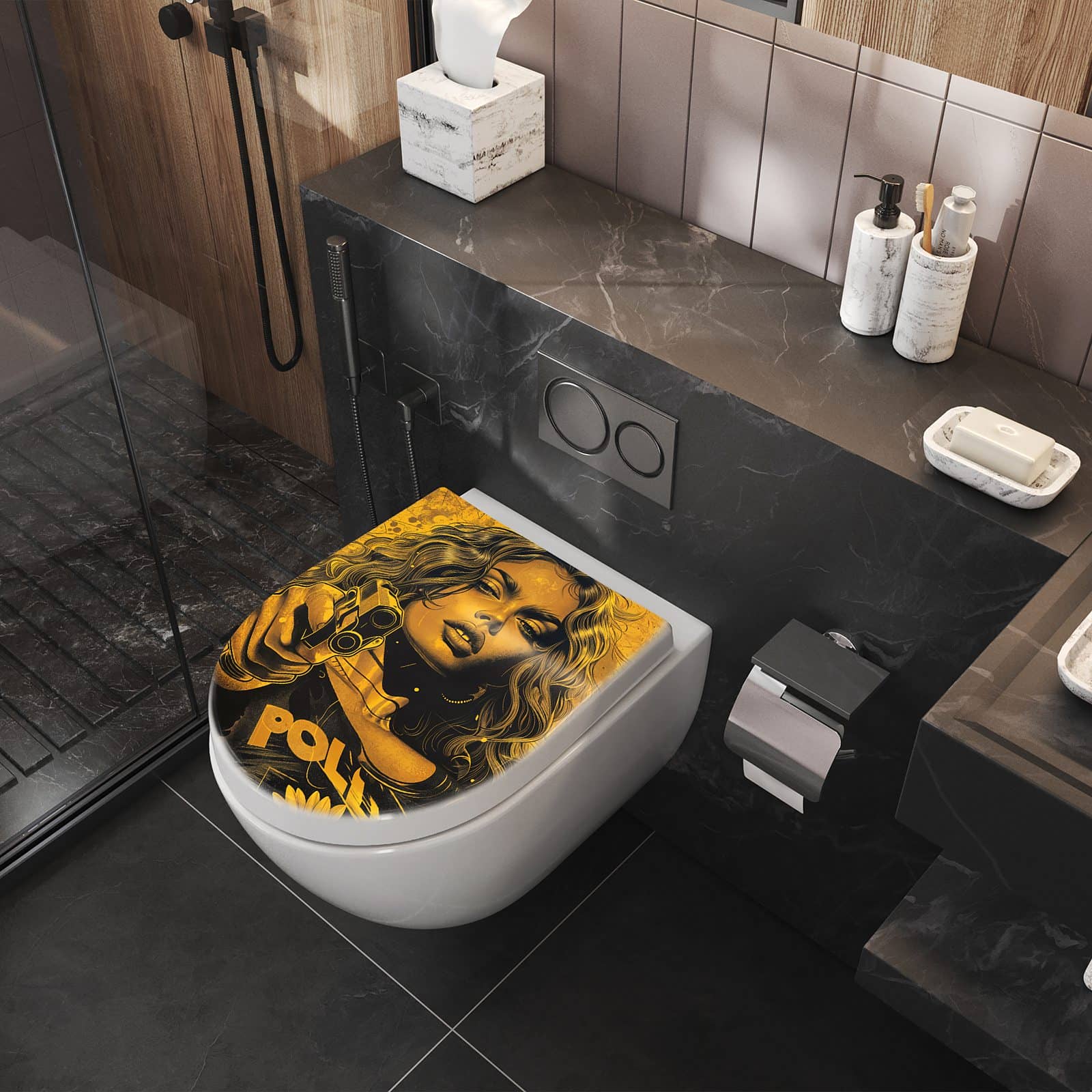 WC-Sitz mit Absenkautomatik Frau Mit Pistole Kunst