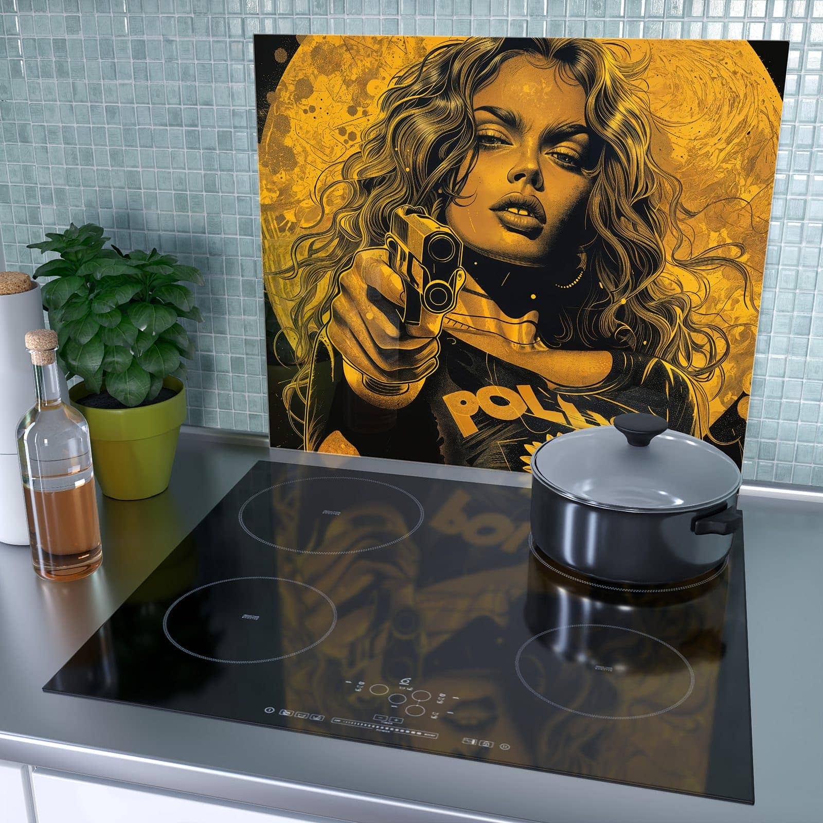 1-teilige Abdeckung für Herdplatten mit Frau Mit Pistole Kunst-Motiv als Spritzschutz hinter dem Kochfeld