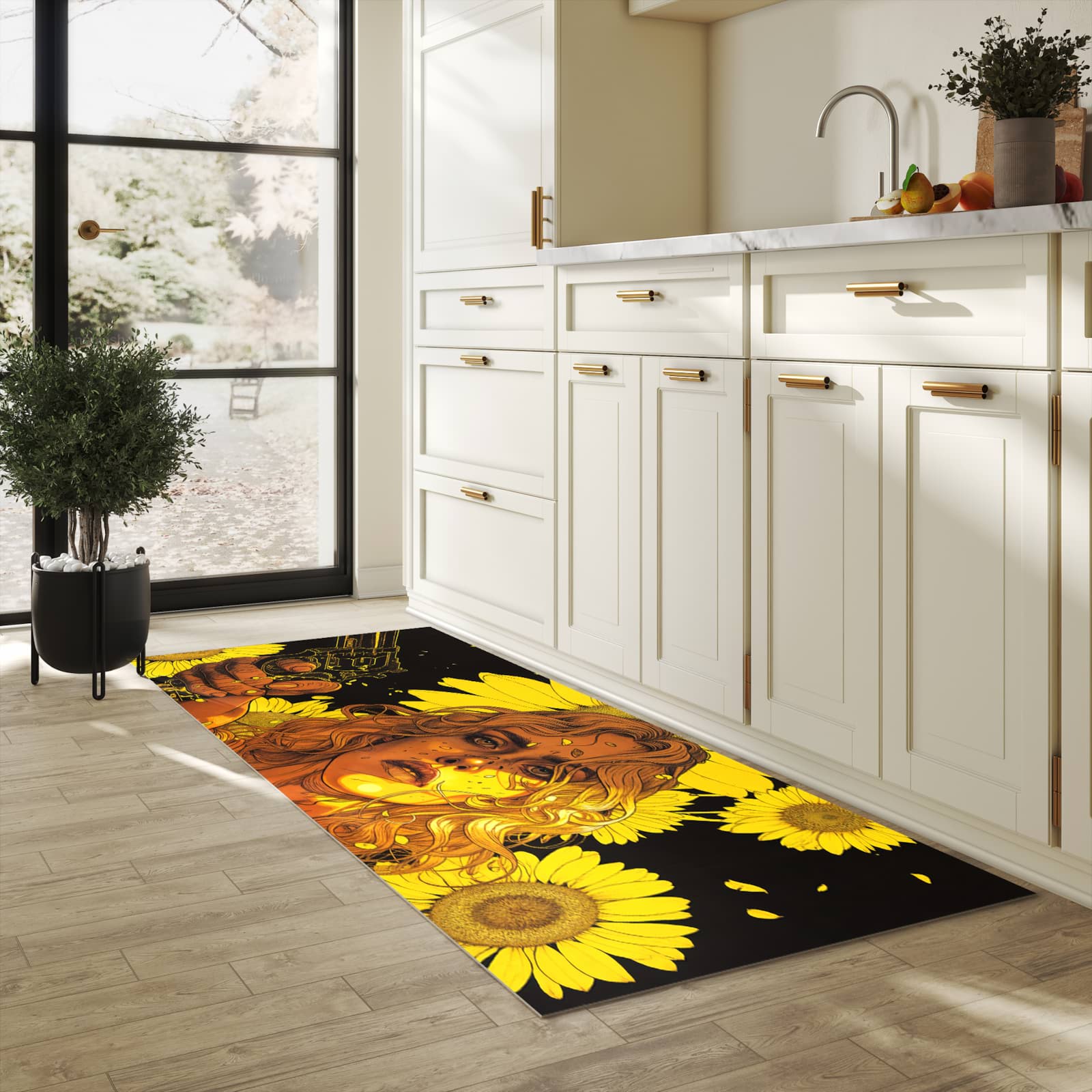 Wasserabweisender Küchenläufer mit Motiv Sonnenblumenmädchen in heller Küche