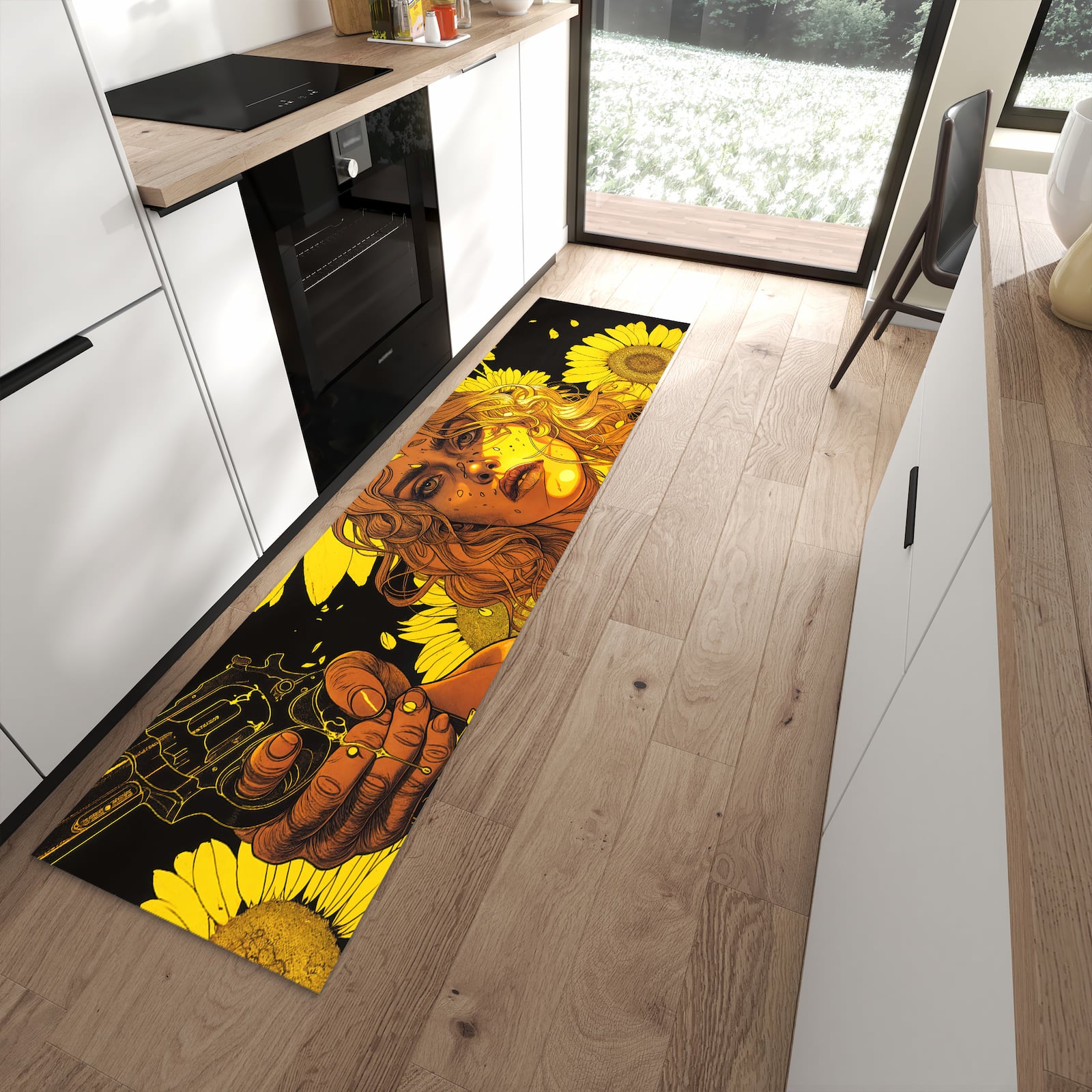 Rutschfester Küchenläufer mit Motiv Sonnenblumenmädchen in moderner Küche
