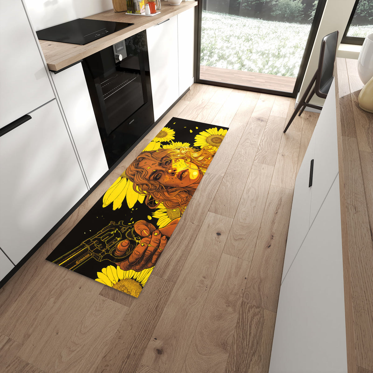 Langlebiger Küchenläufer mit Motiv Sonnenblumenmädchen in moderner Küche