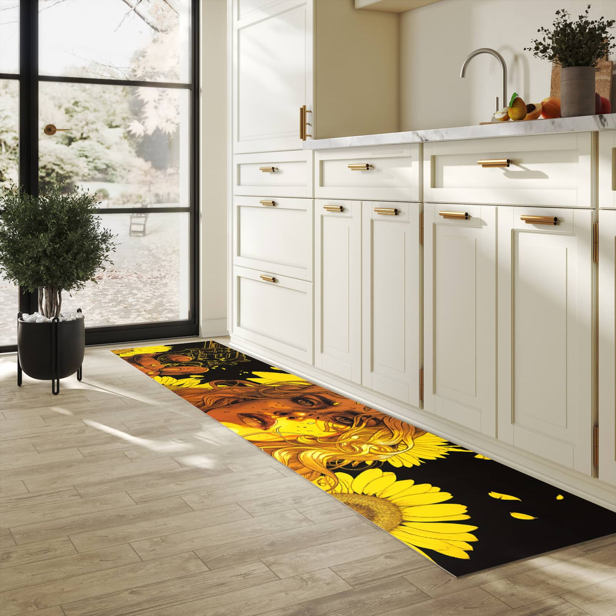 Formstabiler Küchenteppich mit Motiv Sonnenblumenmädchen in heller Küche