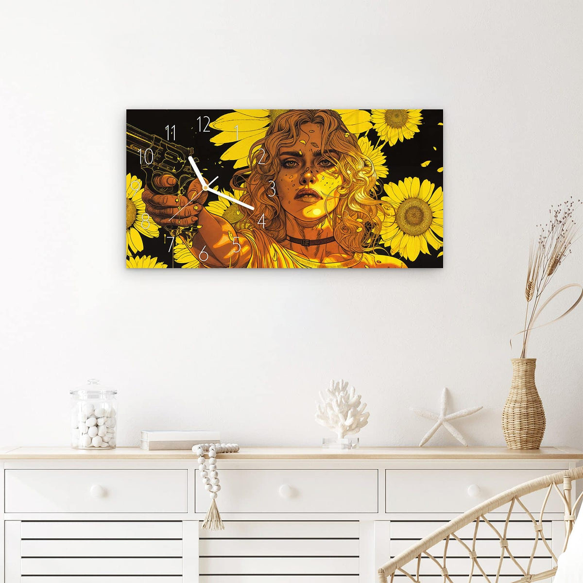 Wanduhr Sonnenblumenmädchen aus Glas – Querformat 60 × 30 cm – Comic-Frau vor Sonnenblumen