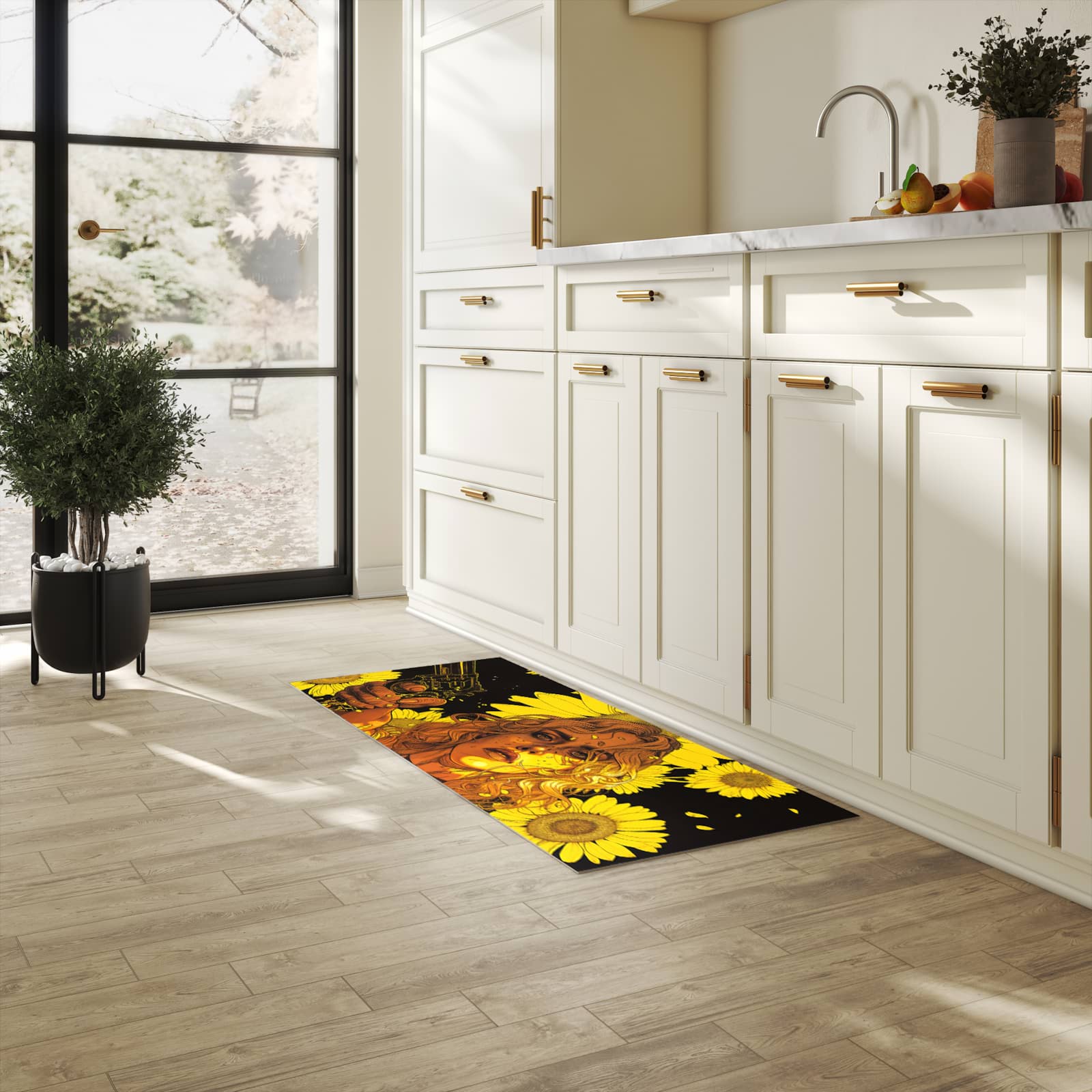 Bodenschonender Küchenteppich mit Motiv Sonnenblumenmädchen in heller Küche