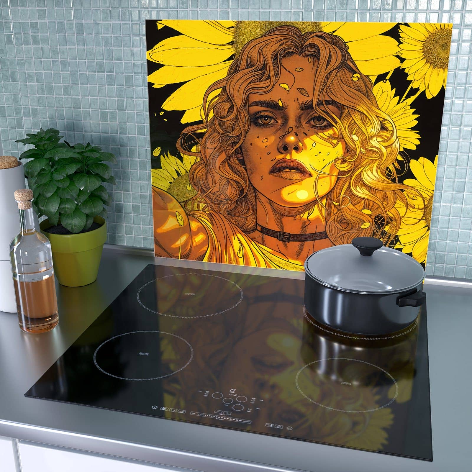 1-teilige Ceranfeldabdeckung mit Sonnenblumenmädchen-Motiv als Spritzschutz hinter dem Kochfeld