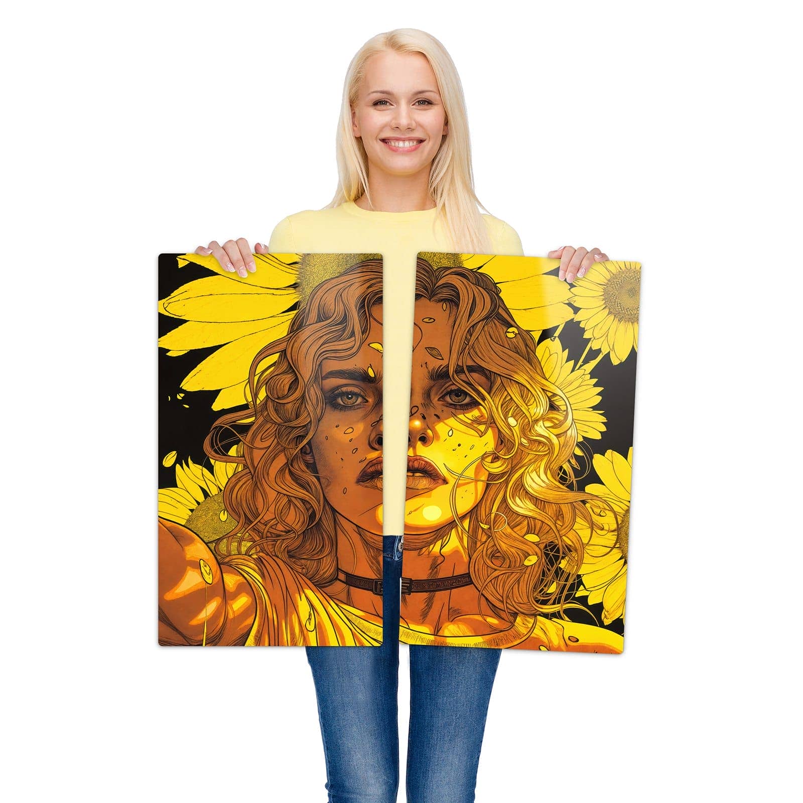 2-teilige Abdeckplatte für Ceranfeld mit Sonnenblumenmädchen-Motiv wird zur Größendarstellung gehalten
