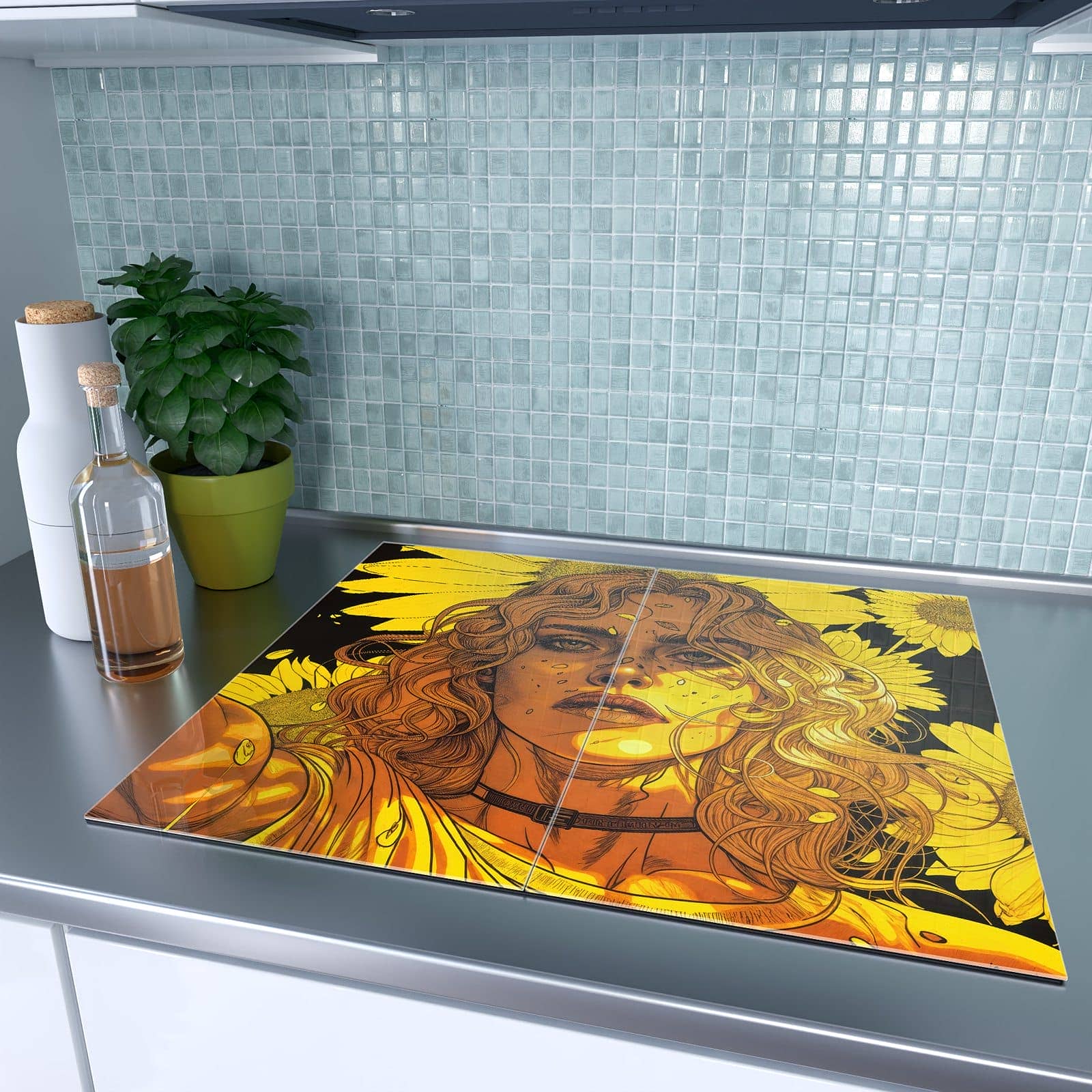 2-teilige Glasplatte für Herd mit Sonnenblumenmädchen-Motiv auf dem Ceranfeld