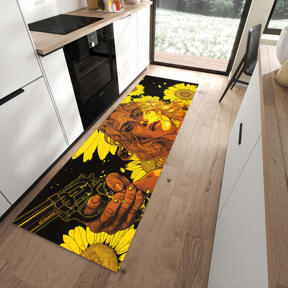 Farbbeständiger Teppichläufer mit Motiv Sonnenblumenmädchen in moderner Küche